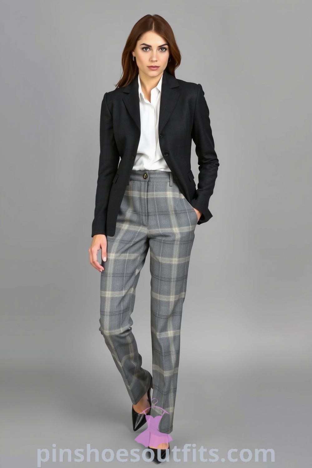 Stylish professional workwear outfit with a tailored charcoal gray blazer, crisp white blouse, high-waisted trousers, and sleek black pumps. An inspiring look for everyday elegance. pinshoesoutfits.com