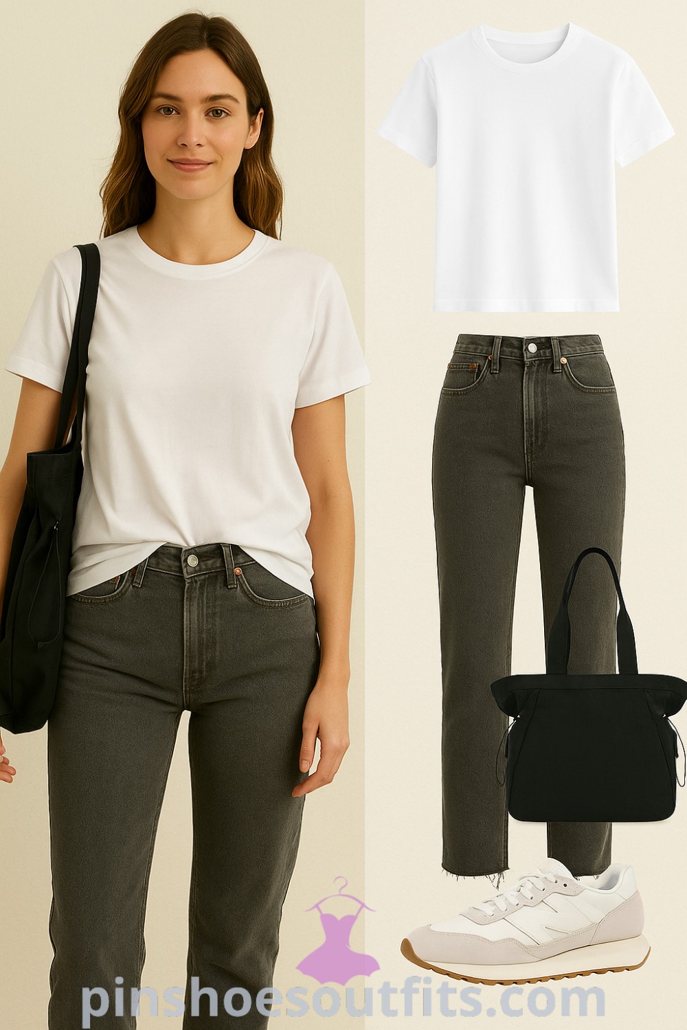 White crew neck t-shirt with dark gray high-waisted jeans and light pink and white sneakers, accessorized with a black shoulder bag, showcasing a chic and casual outfit for daily errands or brunch at pinshoesoutfits.com.