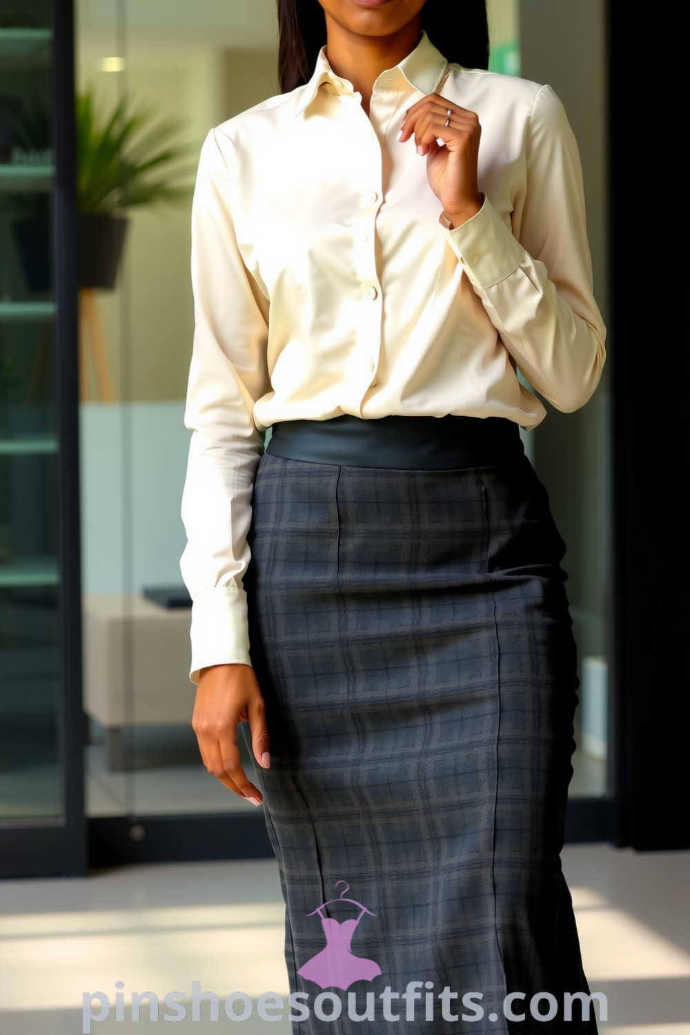 Professional outfit featuring a Black woman in a tailored charcoal pencil skirt and a crisp ivory blouse with delicate cufflinks, embodying elegance and sophistication for a busy office environment. pinshoesoutfits.com