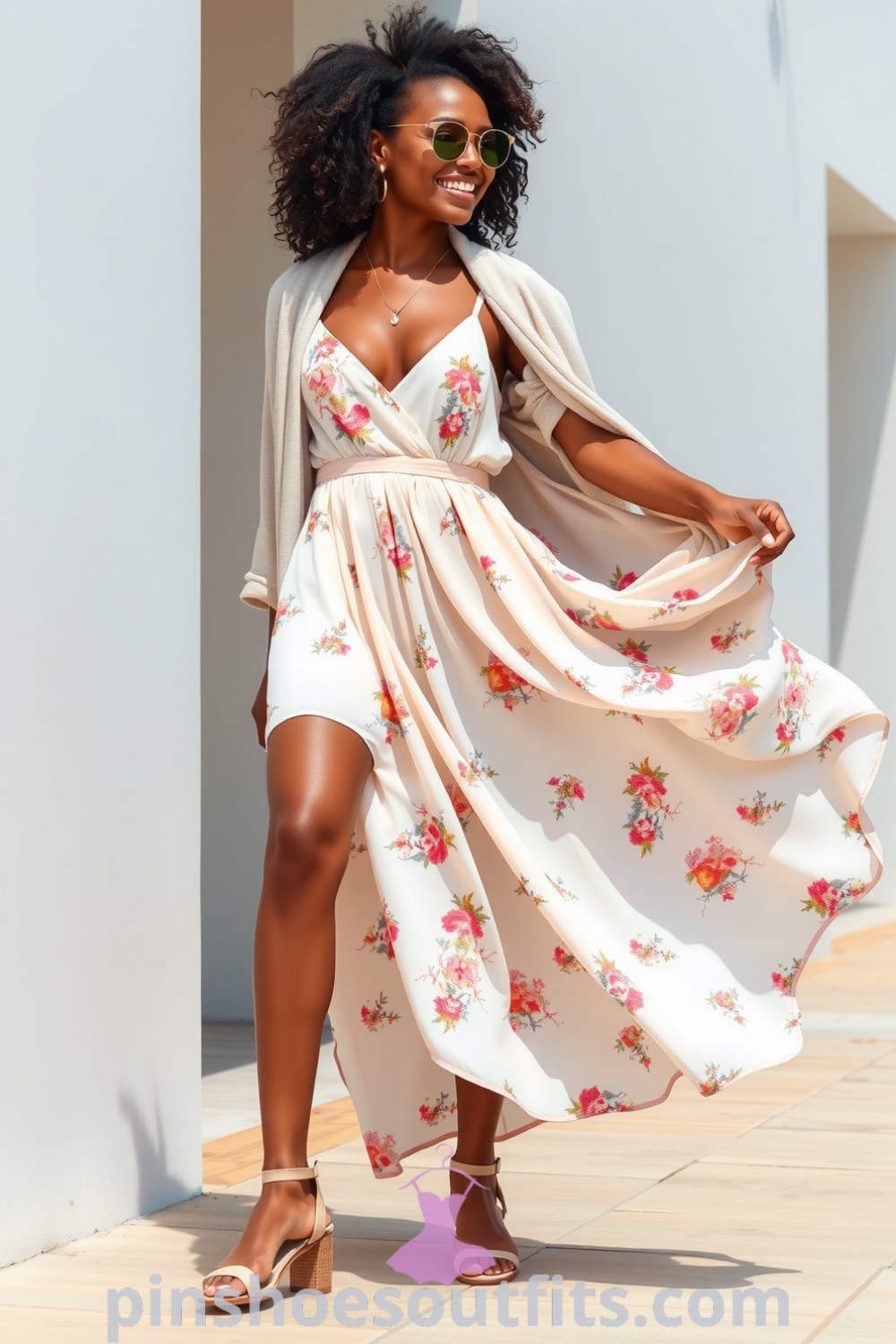 A black woman in a flowy pastel sundress with floral patterns and a cinched waist, paired with strappy sandals and a linen cardigan. A perfect outfit for casual elegance. pinshoesoutfits.com