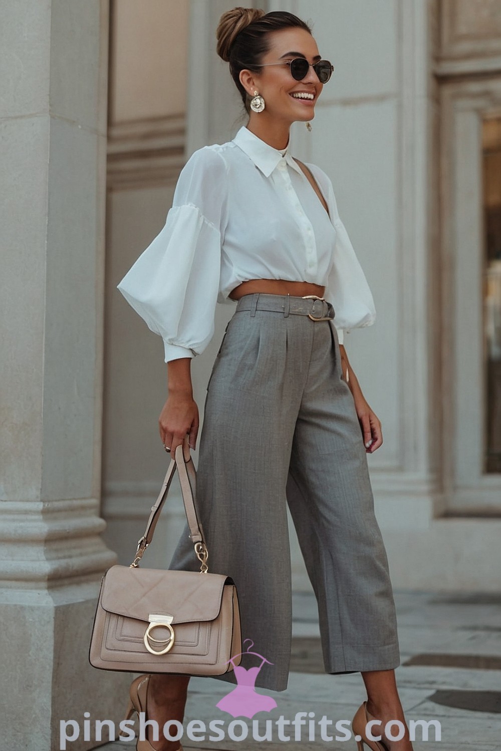 Stylish spring office outfit featuring grey jeans styled elegantly with chic tops and accessories. This outfit captures the essence of smart casual looks perfect for women in business. Discover more outfit ideas at pinshoesoutfits.com.