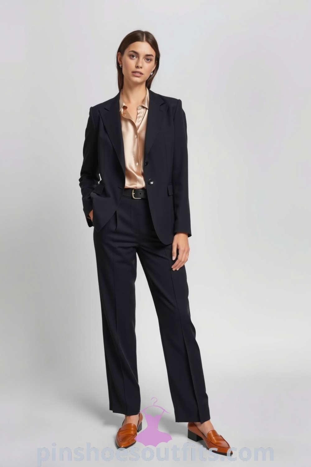 Chic professional workwear featuring a tailored charcoal blazer, silk blouse, wide-leg trousers, and leather loafers. A refined yet relaxed silhouette perfect for the office. pinshoesoutfits.com