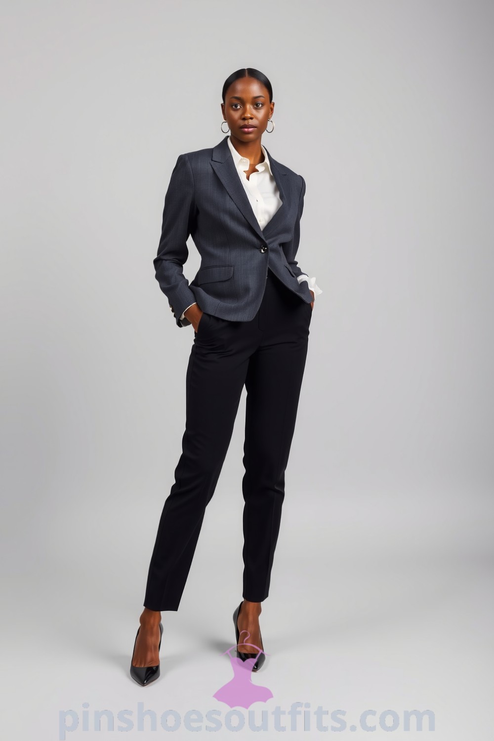 Stylish professional workwear outfit featuring a tailored charcoal blazer, high-waisted black trousers, and a cream chiffon blouse. Perfect for achieving an elegant and chic look this season. pinshoesoutfits.com