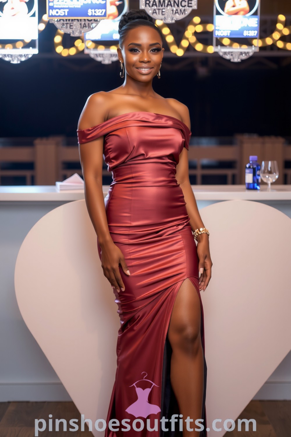 Elegant black woman wearing a fitted off-the-shoulder satin gown with a thigh-high slit and ruched detailing, embodying sophistication for date night. pinshoesoutfits.com