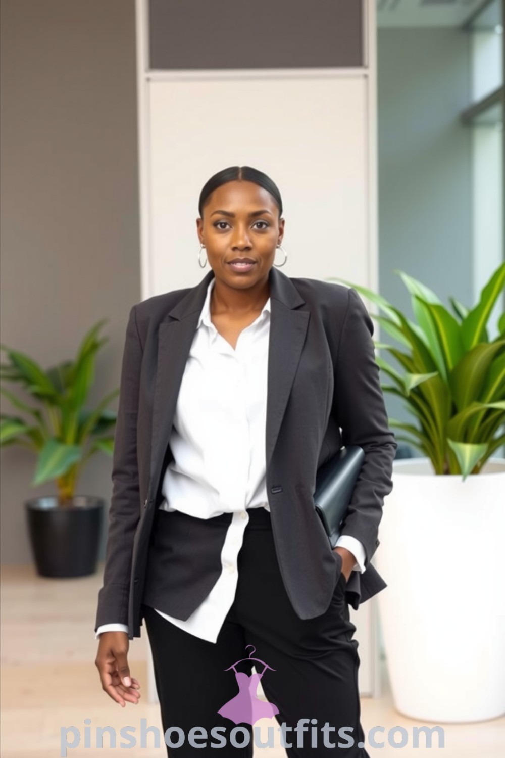 Stylish workwear outfit featuring tailored black trousers, a white button-down shirt, a fitted charcoal blazer, and minimalist leather loafers. Ideal for office elegance and confidence. pinshoesoutfits.com