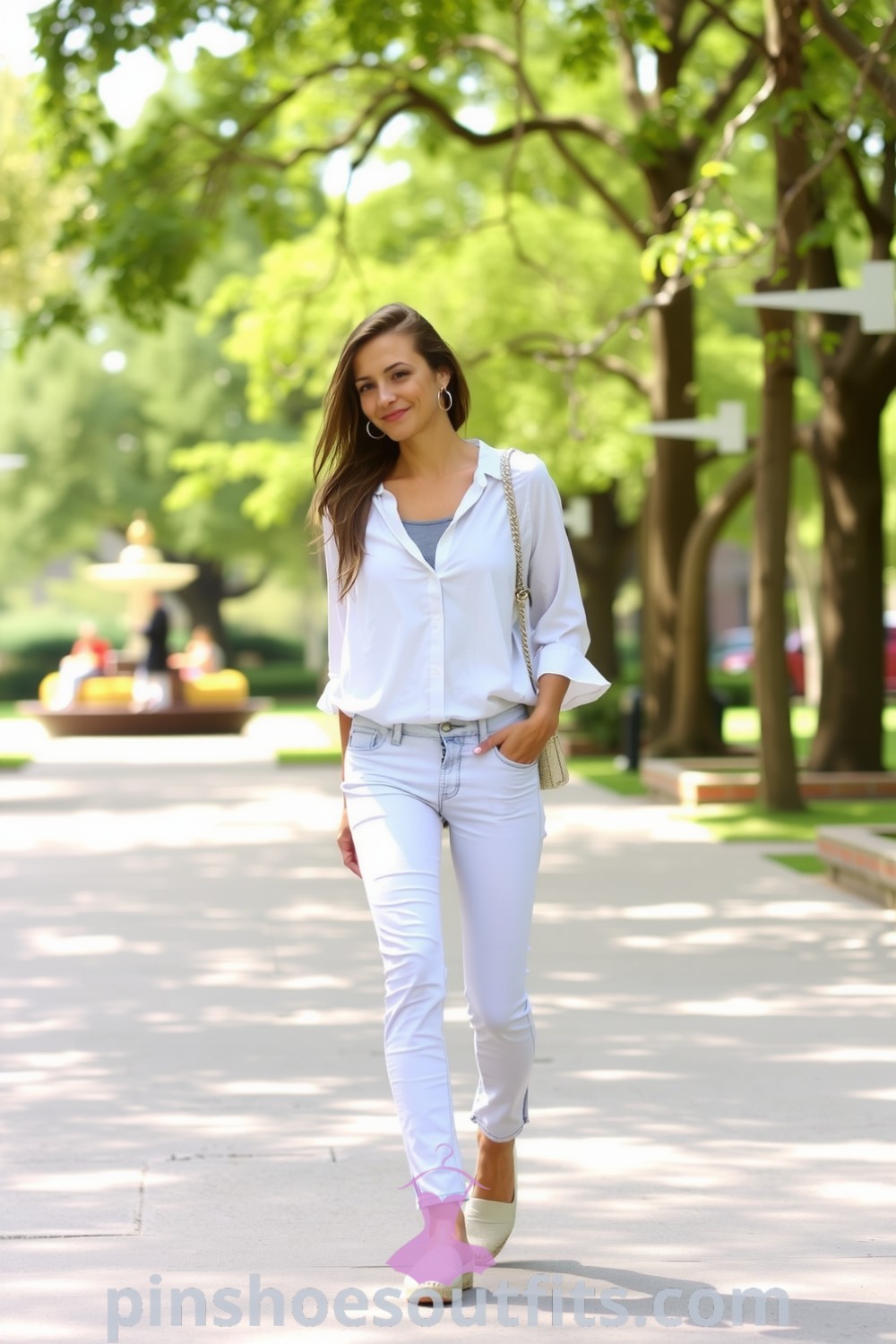 A woman strolling through a sunlit park in a relaxed-fit white cotton blouse, light-wash denim jeans, classic espadrilles, and silver hoop earrings, showcasing effortlessly stylish and elegant outfits. pinshoesoutfits.com
