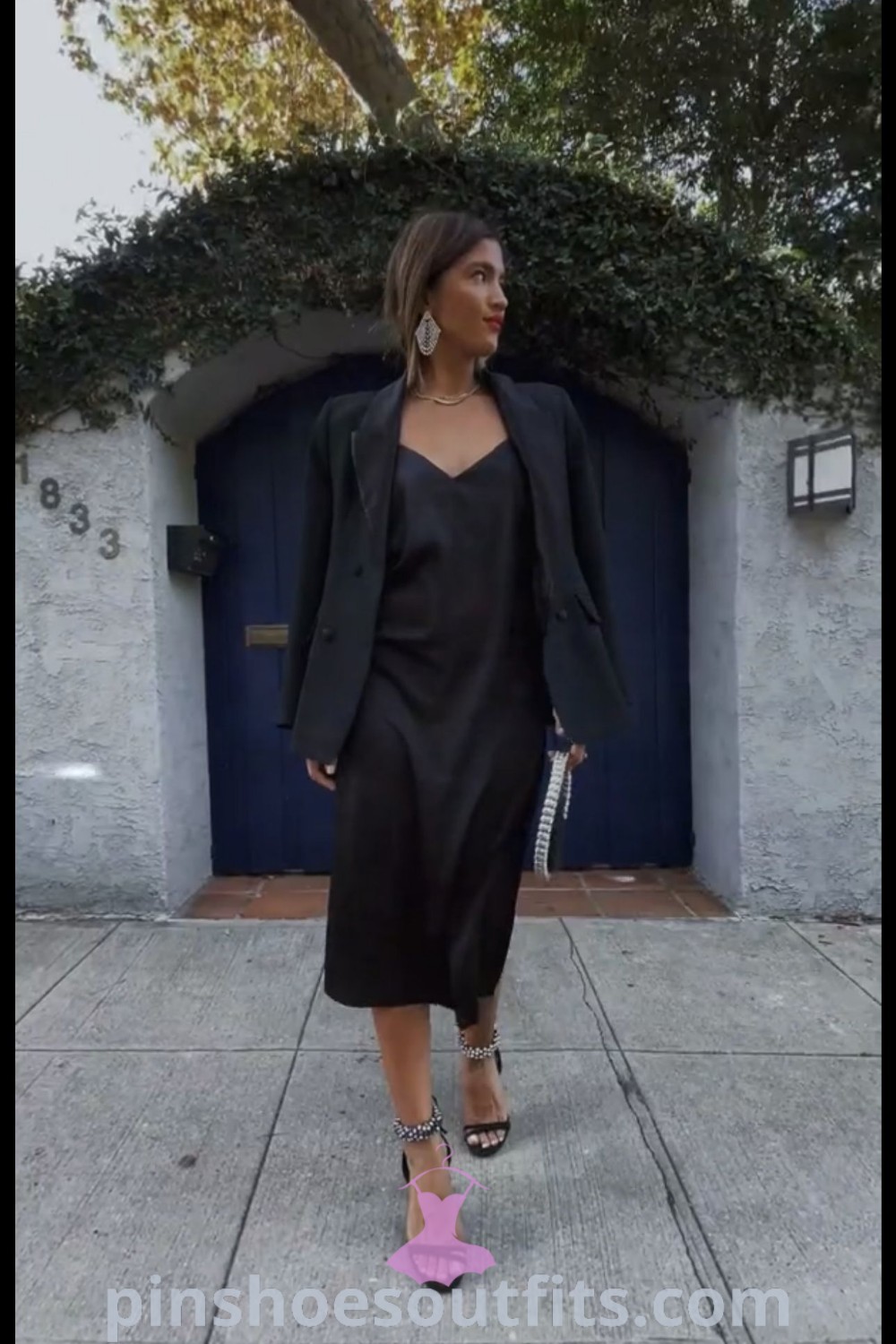 Chic long black satin dress with blazer, perfect for events like Anirudh Concert. This outfit reflects haute fashion and Europe style, ideal for capsule outfits. Discover more inspiring outfit ideas at pinshoesoutfits.com.