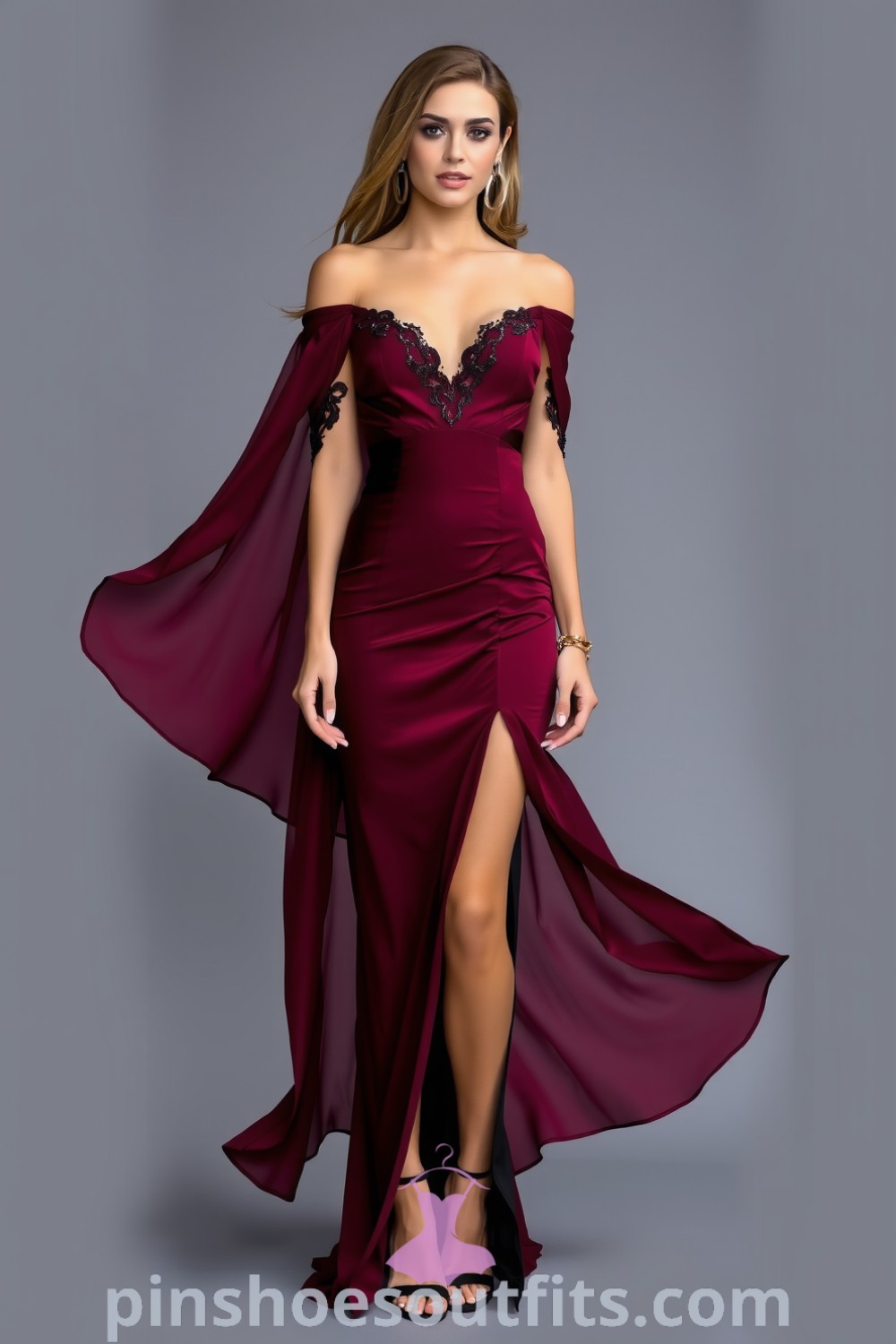 Elegant burgundy off-the-shoulder gown with chiffon fabric, lace embellishments, and a subtle train, perfect for a romantic evening out. pinshoesoutfits.com