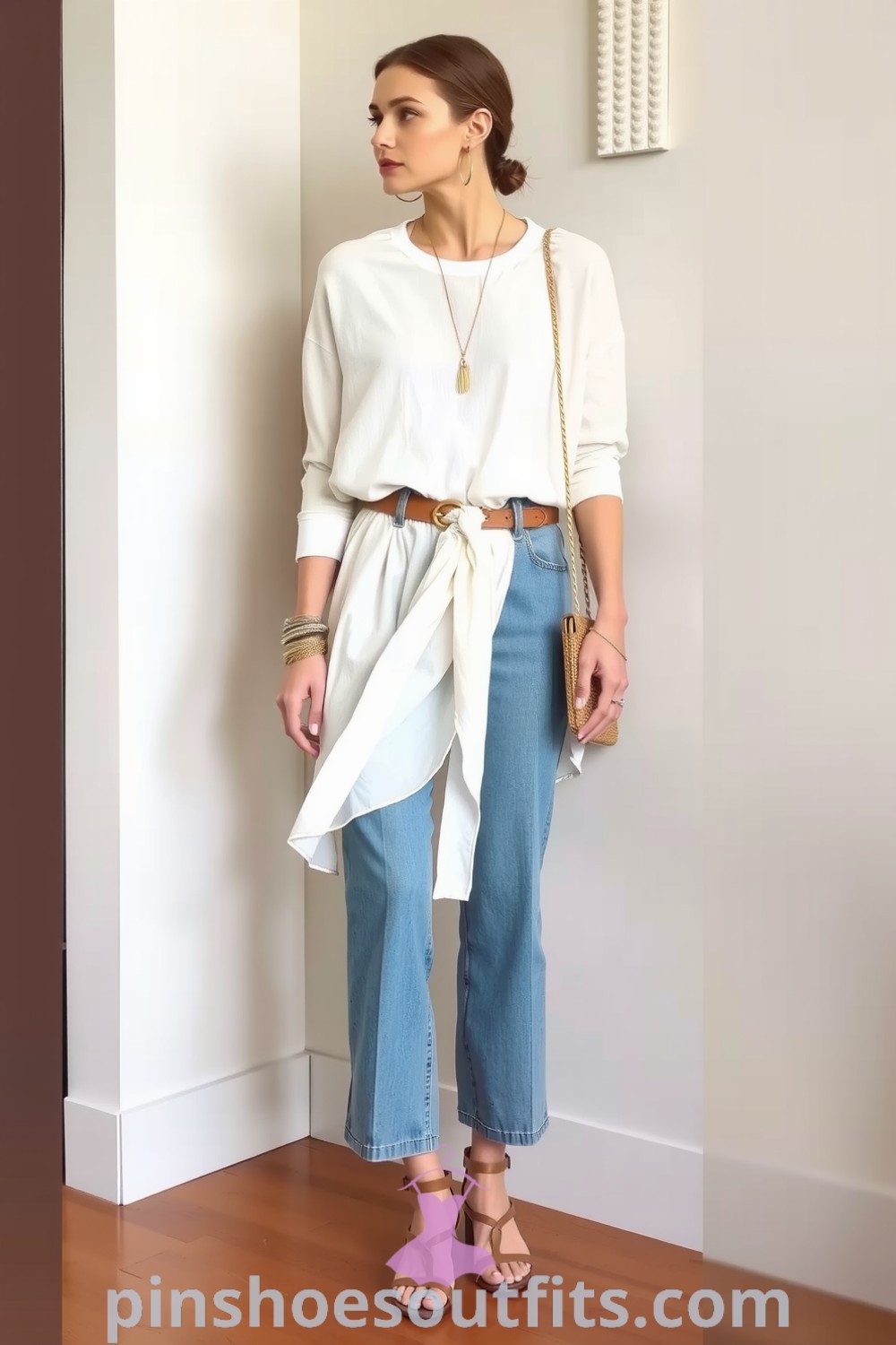 Effortlessly elegant casual outfit featuring a soft linen shirt, high-waisted wide-leg jeans, gold hoop earrings, and leather sandals. A stylish look for sunny days. pinshoesoutfits.com