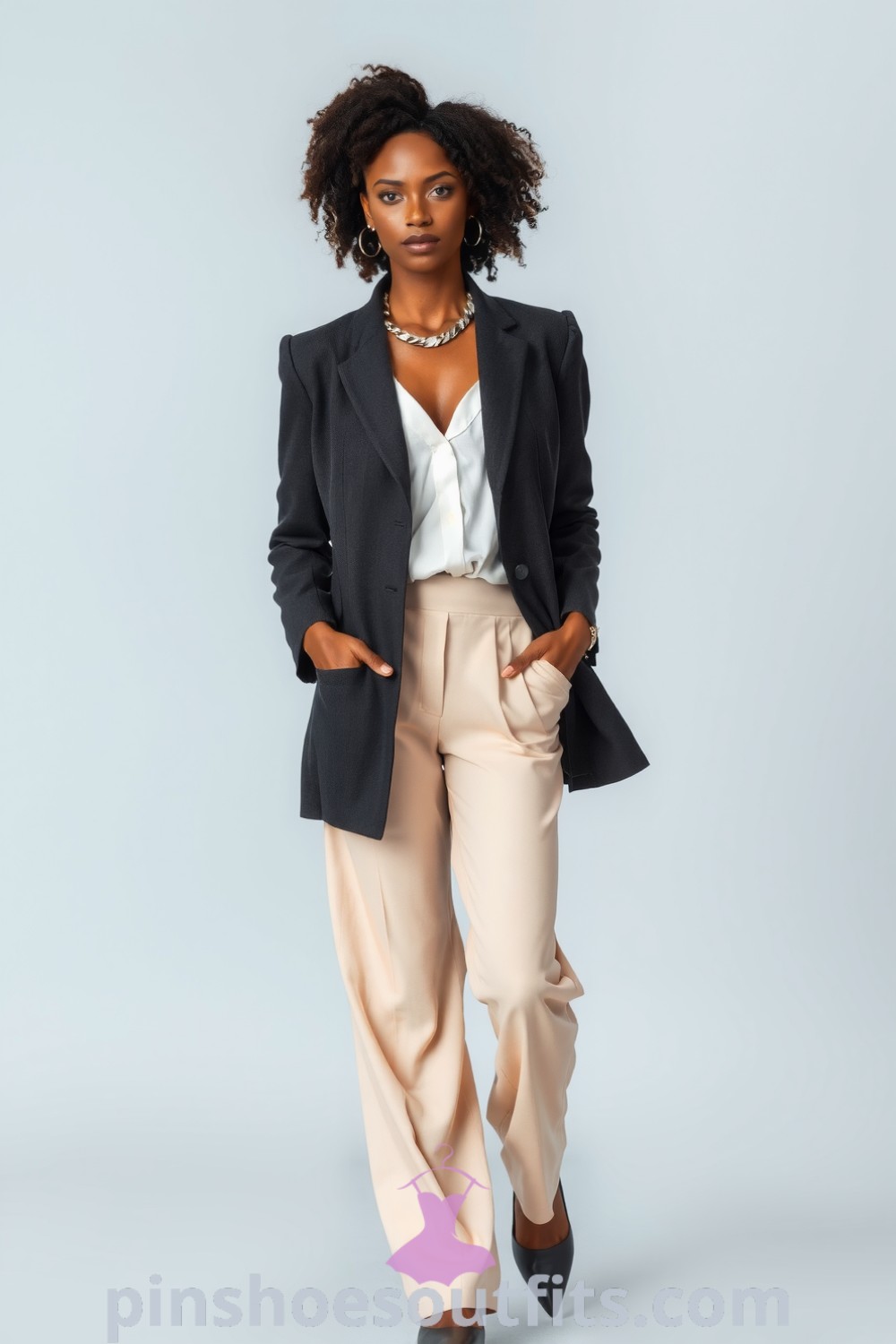 Elegant tailored workwear outfit featuring a charcoal blazer, white blouse, wide-leg trousers, silver necklace, and pointed-toe flats, showcasing styles for women