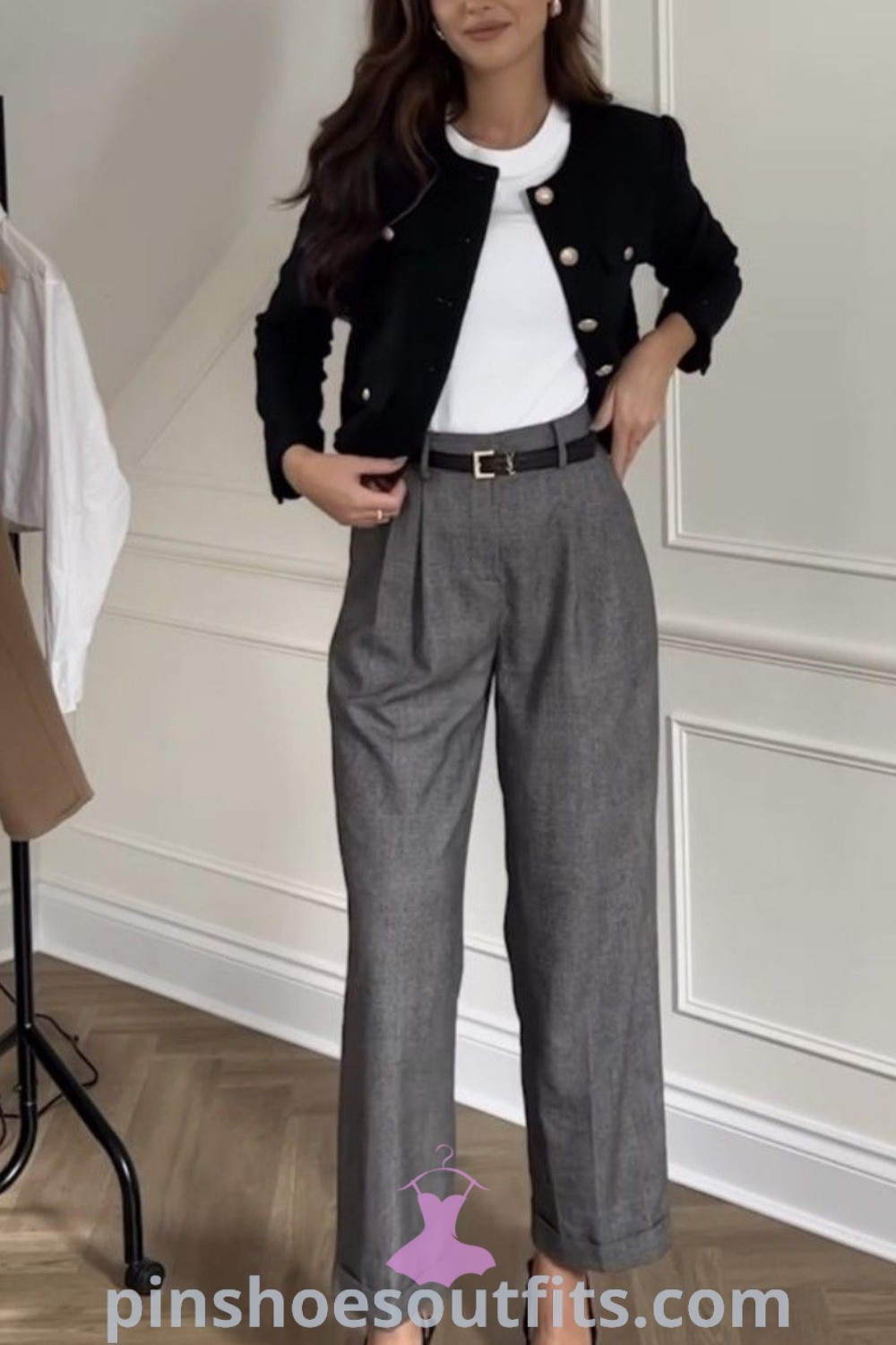 Chic business casual outfits for women, featuring stylish grey pants and elegant layering options. Perfect for lawyers and interviews, these outfits combine functionality with a fashionable edge. Explore more outfit ideas at pinshoesoutfits.com.