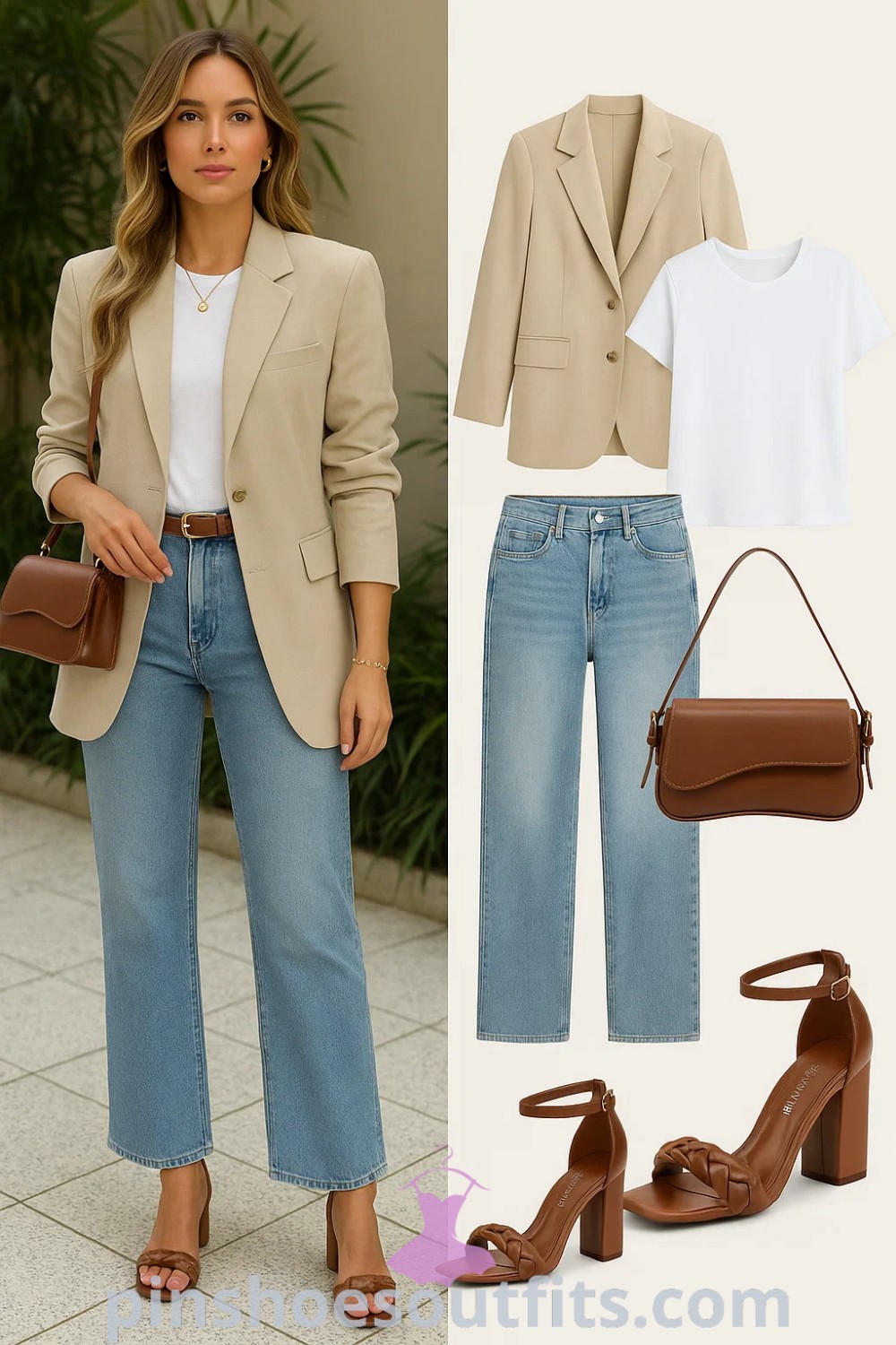 beige tailored blazer, light blue straight leg jeans, brown heeled sandals, crossbody handbag, smart casual outfit, women