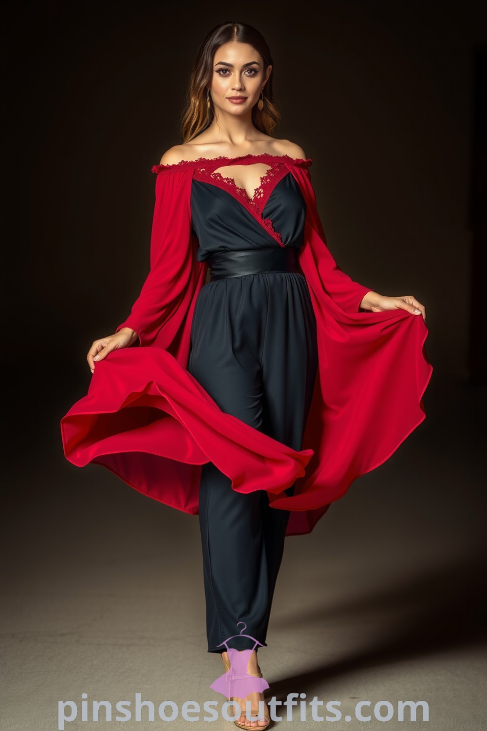Elegant crimson off-the-shoulder chiffon dress with A-line silhouette and lace trim. Perfect for an enchanting date night. pinshoesoutfits.com