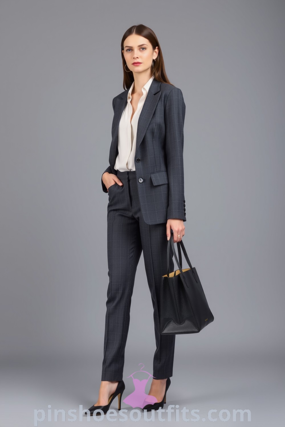 Professional woman in a tailored charcoal gray pantsuit with an ivory silk blouse, polished black pumps, and a structured leather tote. A stylish workwear ensemble that reflects sophistication and confidence. pinshoesoutfits.com
