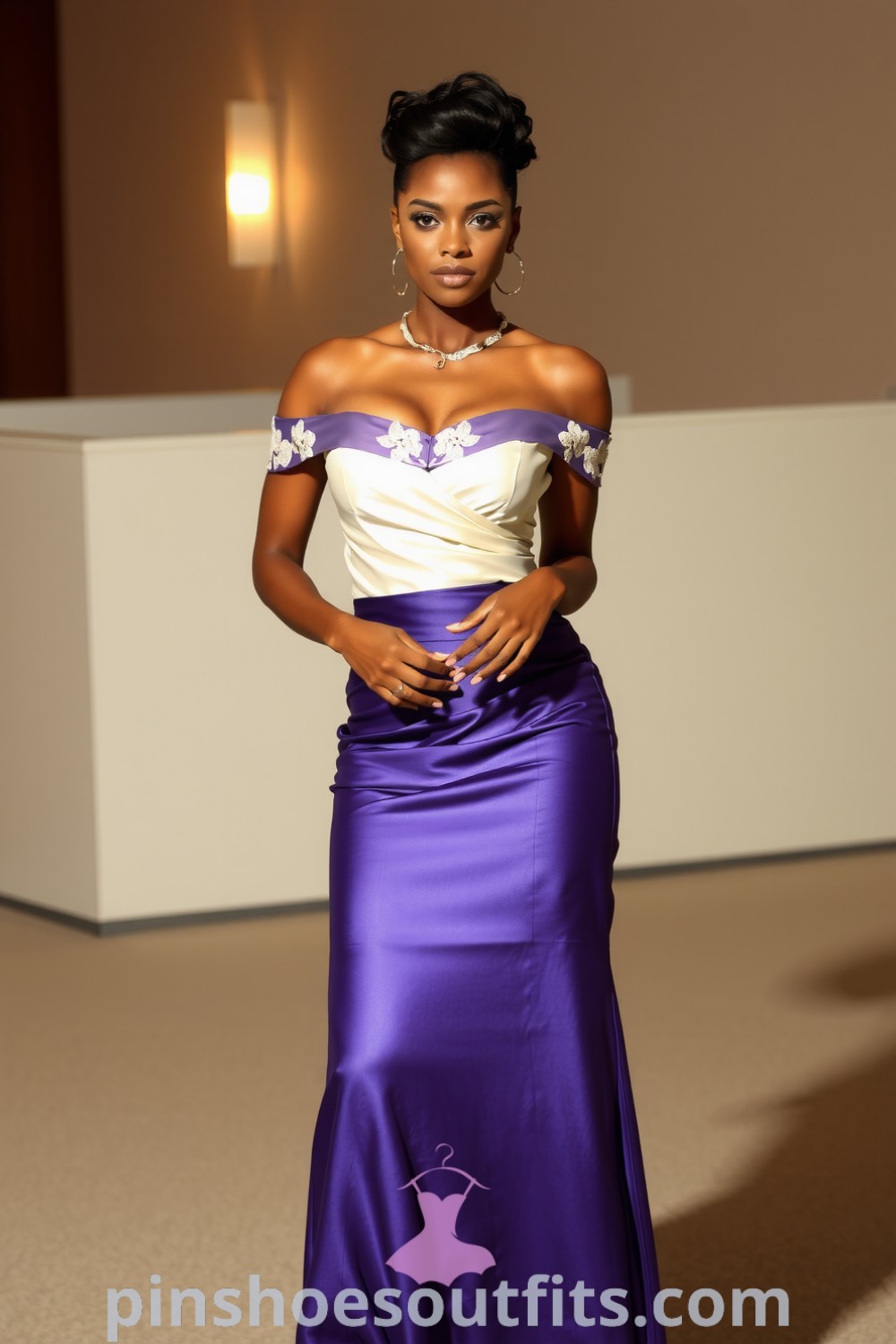 Black woman in a sleek off-the-shoulder satin dress with lace detailing and strappy heels, exemplifying modern elegance and style. pinshoesoutfits.com