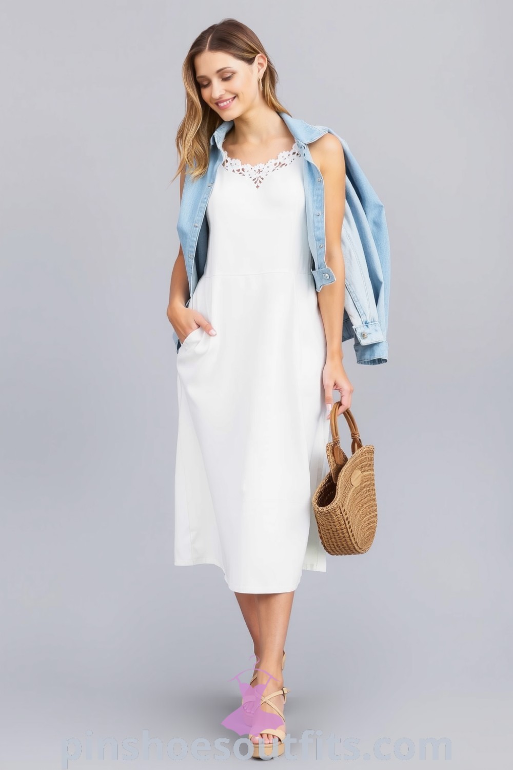 Charming ivory cotton sundress with lace trim and light denim jacket, styled for a relaxed outing. Perfect for everyday elegance and inspiring outfit ideas to look chic and classy. pinshoesoutfits.com