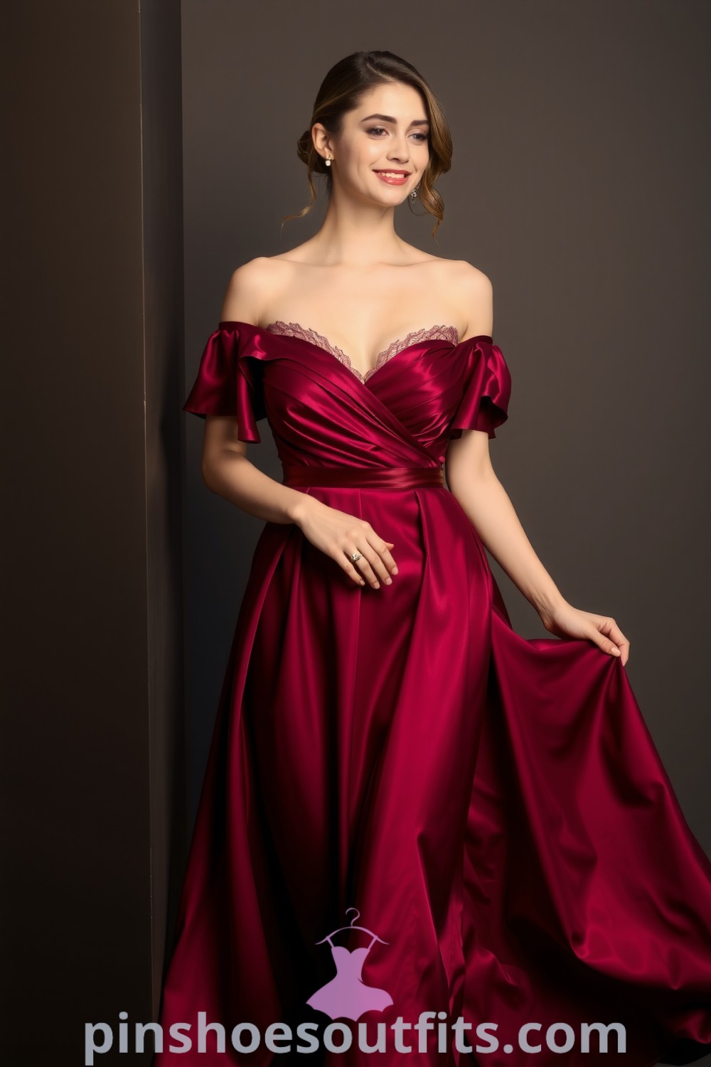 Gorgeous off-the-shoulder burgundy satin evening dress with lace detailing and ruffles, exuding elegance and sophistication for special occasions. pinshoesoutfits.com