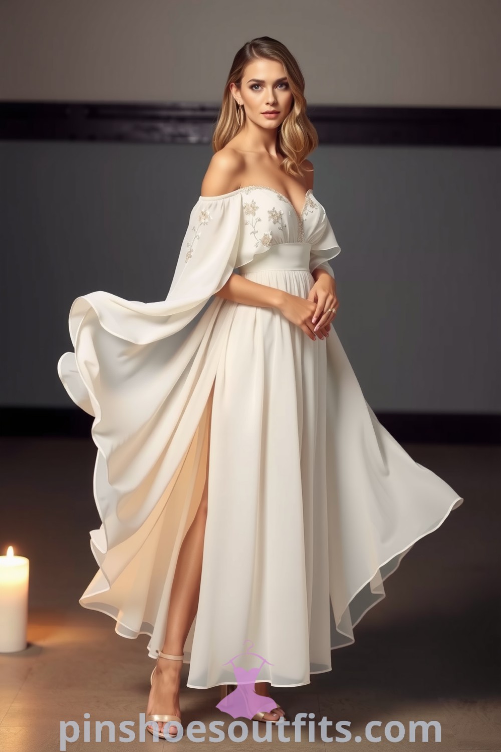 Elegant off-the-shoulder chiffon dress with floral embroidery, showcasing romantic elegance and a flattering silhouette. Perfect for special occasions. pinshoesoutfits.com