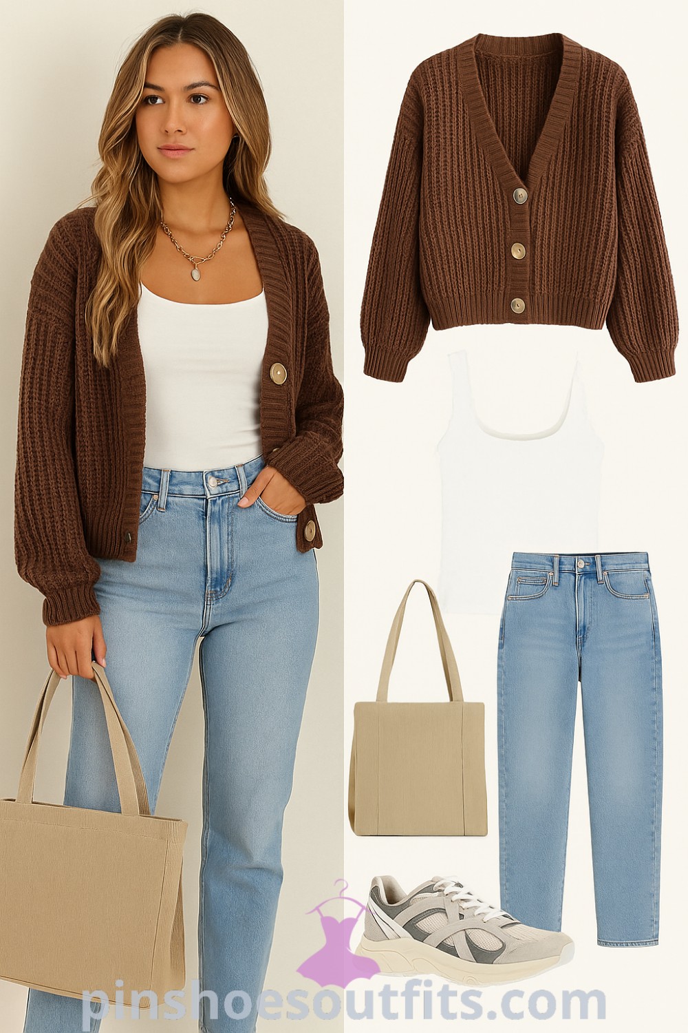 A stylish outfit featuring a brown oversized cardigan, white tank top, light blue high-waisted straight leg jeans, beige tote handbag, and gray casual sneakers, embodying the Basic Casual style on pinshoesoutfits.com.