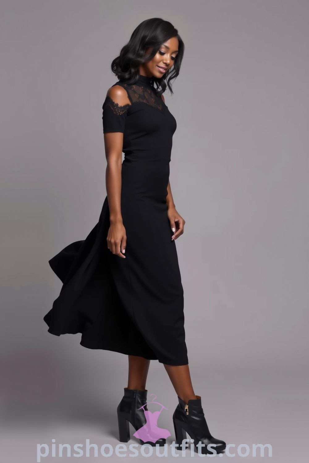 Elegant black dress with lace detailing at the neckline and sleeves, paired with chic ankle boots and gold accessories. A stylish and sophisticated look for every woman. pinshoesoutfits.com