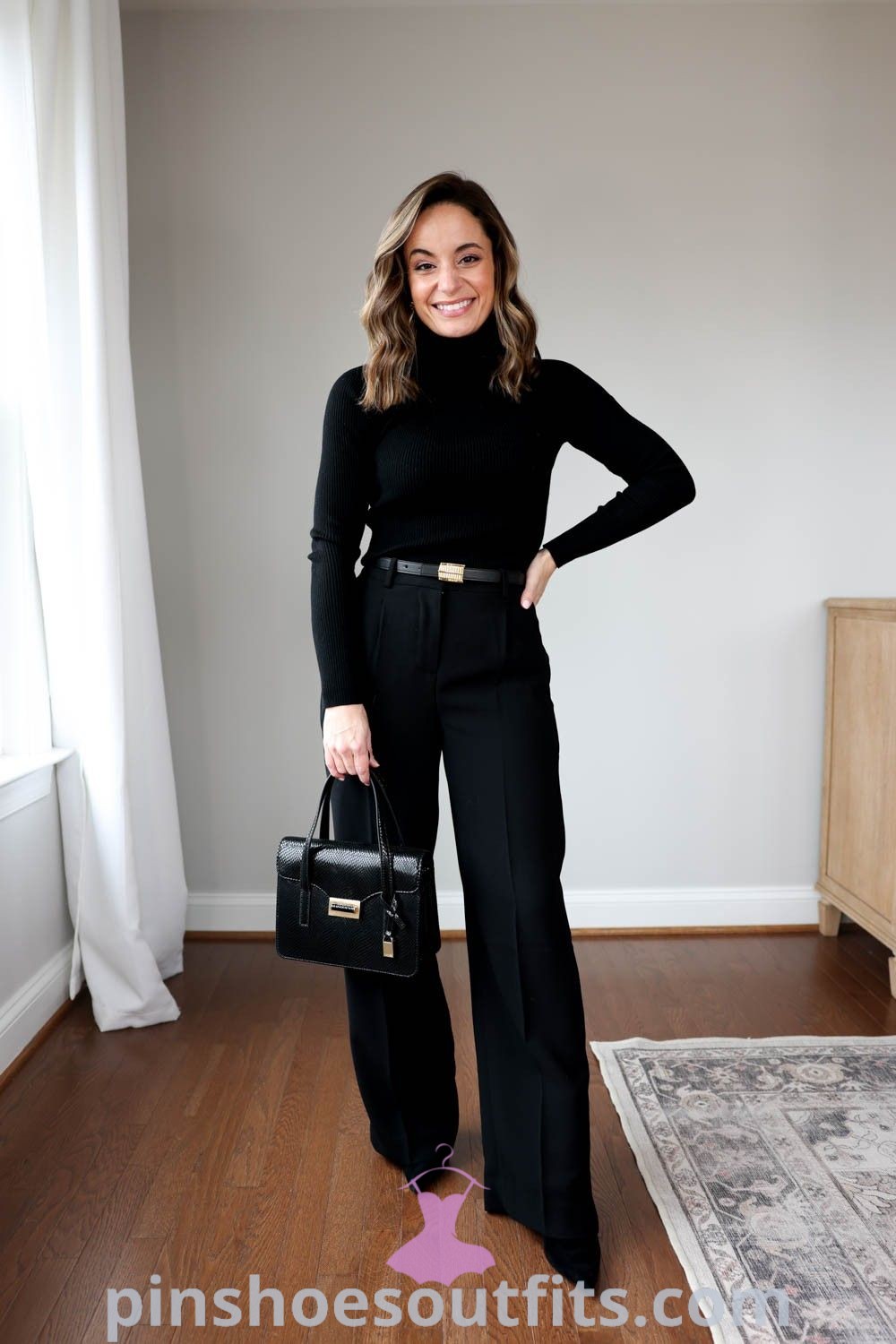 Stylish all-black outfit for work featuring black pants, a black jumper, and pumps, perfect for JW meeting and winter work fashion. This ensemble offers outfit inspo for women seeking chic, elegant, and fashionable looks. Discover more outfit ideas at pinshoesoutfits.com.