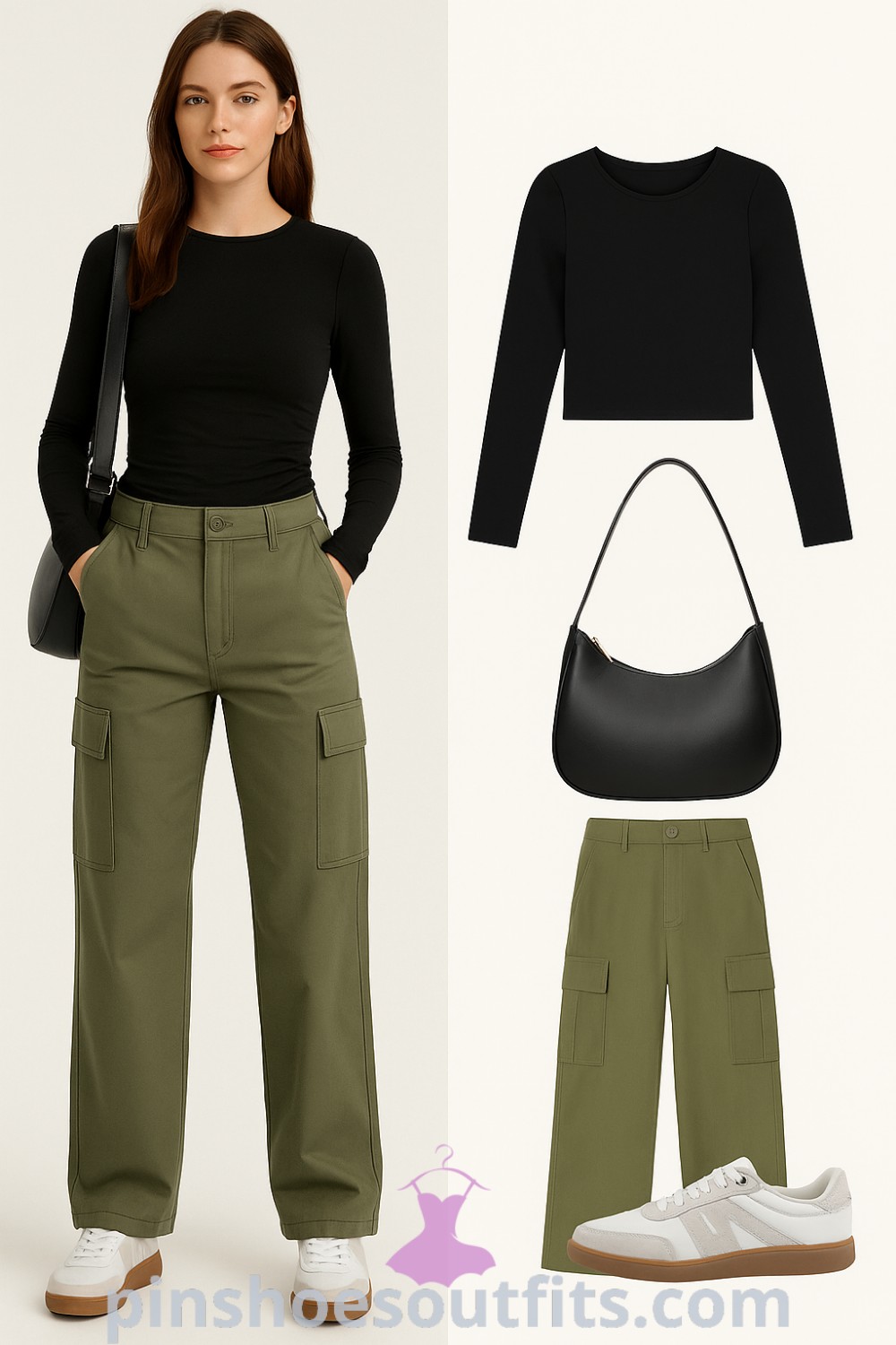 outfit featuring a fitted black long-sleeve top, wide-leg olive green cargo pants, white casual sneakers, and a minimalist black shoulder bag, showcasing casual and trendy vibes, perfect for errands or brunch, available at pinshoesoutfits.com