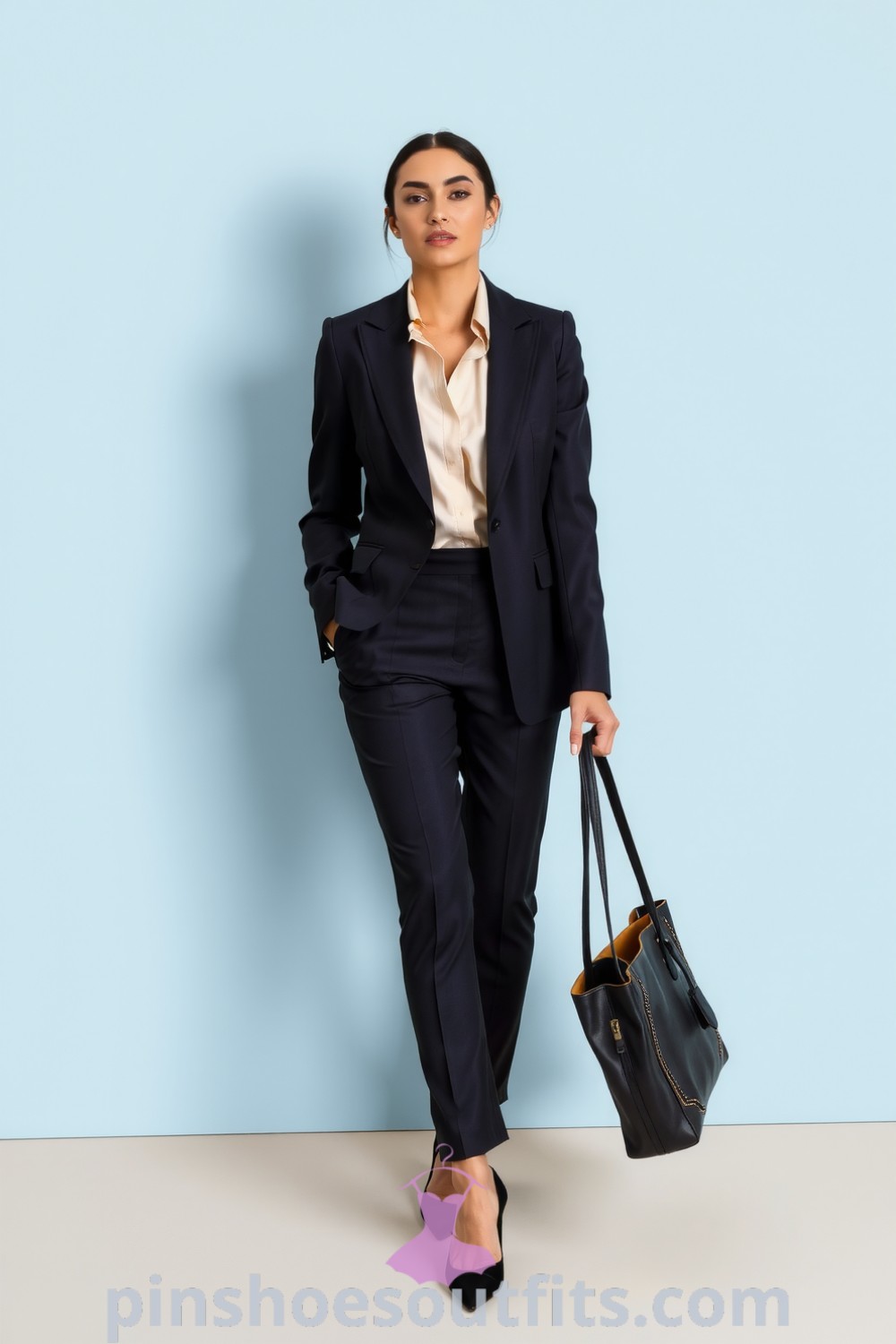 Woman in a tailored charcoal suit and silk cream blouse, showcasing professionalism and elegance perfect for the office. Includes classic pumps and structured leather tote. pinshoesoutfits.com