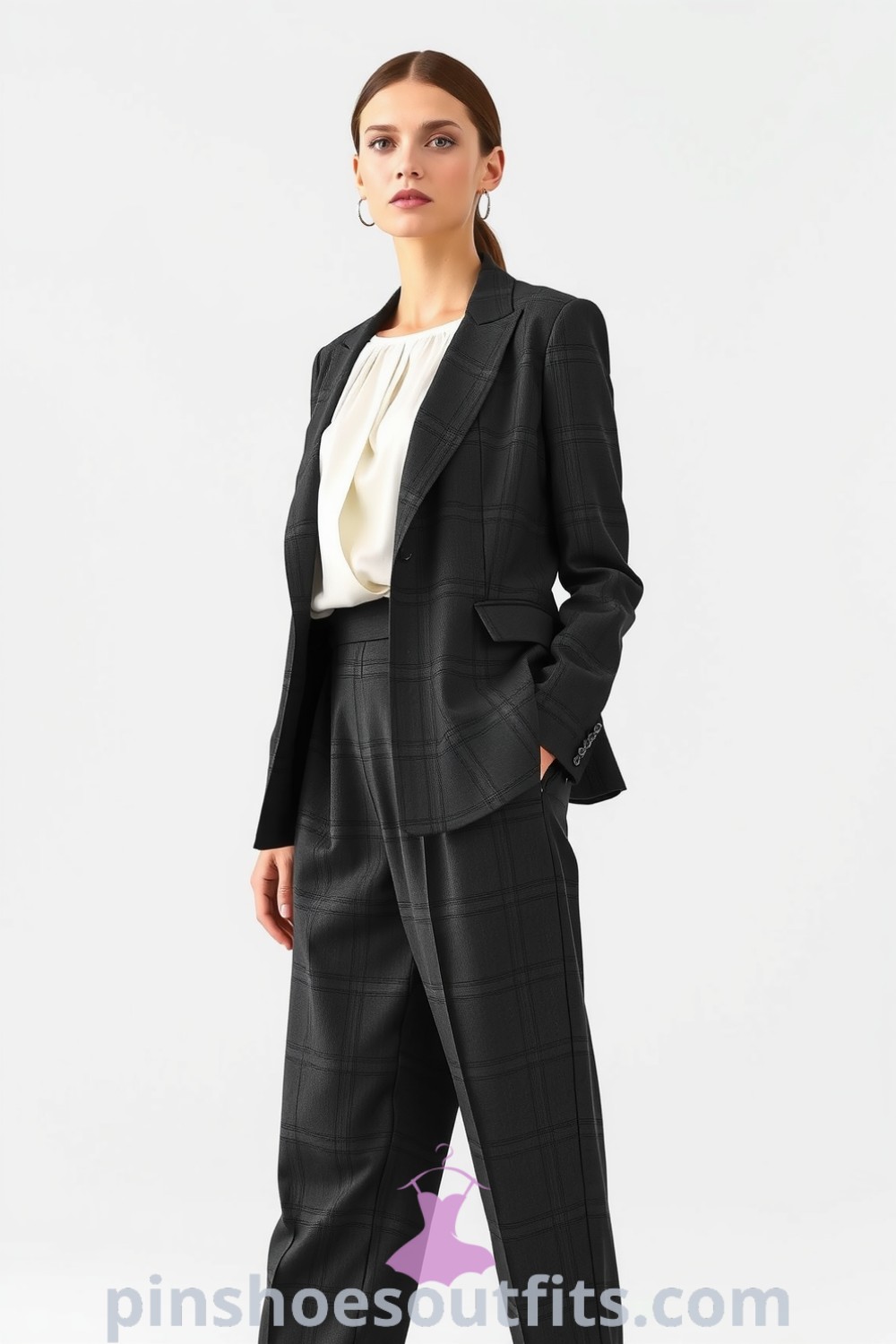 Woman in tailored charcoal blazer and high-waisted trousers with a white pleated blouse, representing timeless workwear sophistication. Pinshoesoutfits.com