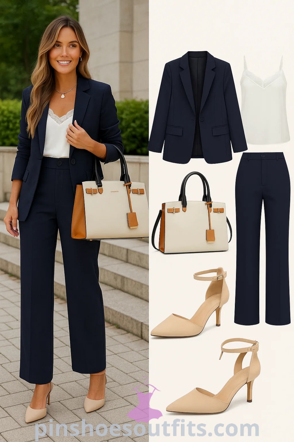 Navy blazer and tailored trousers create a timeless classic business outfit, complemented by beige pointed toe heels and a cream and tan structured handbag. Ideal for office wear, business meetings, and formal events, this chic ensemble reflects professional style and elegance. Explore more at pinshoesoutfits.com.