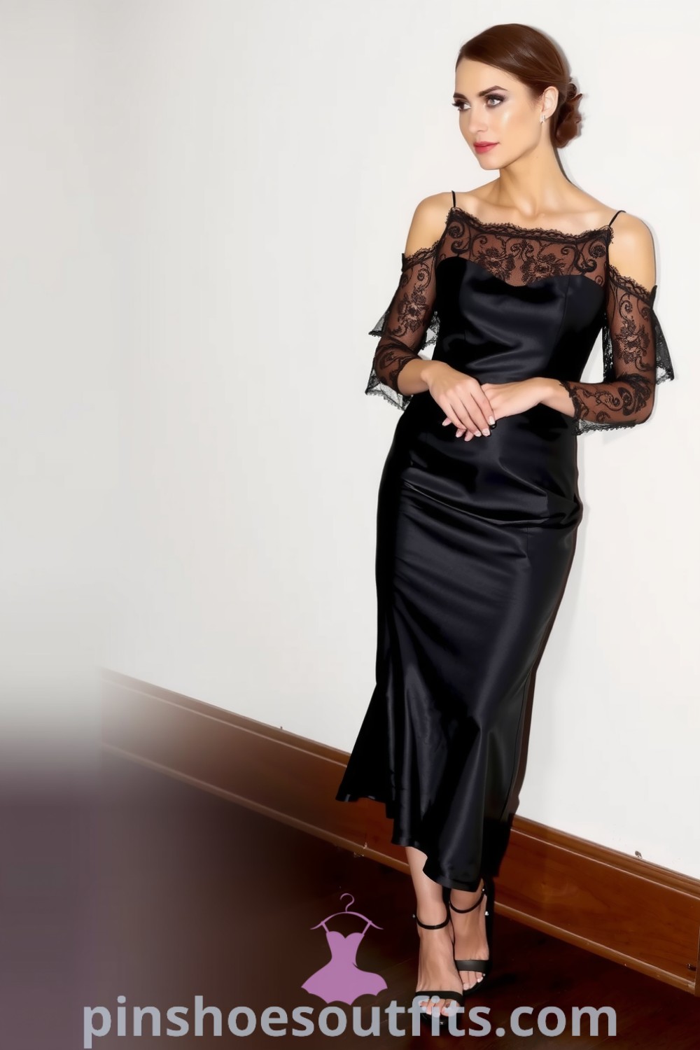 Elegant black midi dress with lace sleeves and off-the-shoulder neckline, perfect for a sophisticated night out. Stylish outfit ideas to look chic and expensive. pinshoesoutfits.com