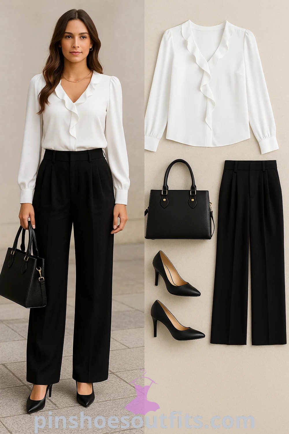 Relaxed fit with structured elements featuring a white ruffled blouse, black pleated trousers, black high heel pumps, and a structured black handbag, perfect for business casual, office outfits, and professional clothing showcased on pinshoesoutfits.com.