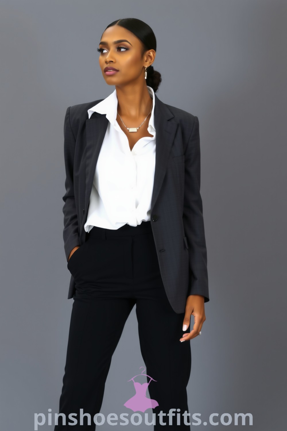 Stylish workwear outfit featuring a Black woman in a tailored charcoal grey blazer, crisp white blouse, high-waisted black trousers, and sleek ankle boots, showcasing chic and elegant outfit ideas for the modern woman. pinshoesoutfits.com