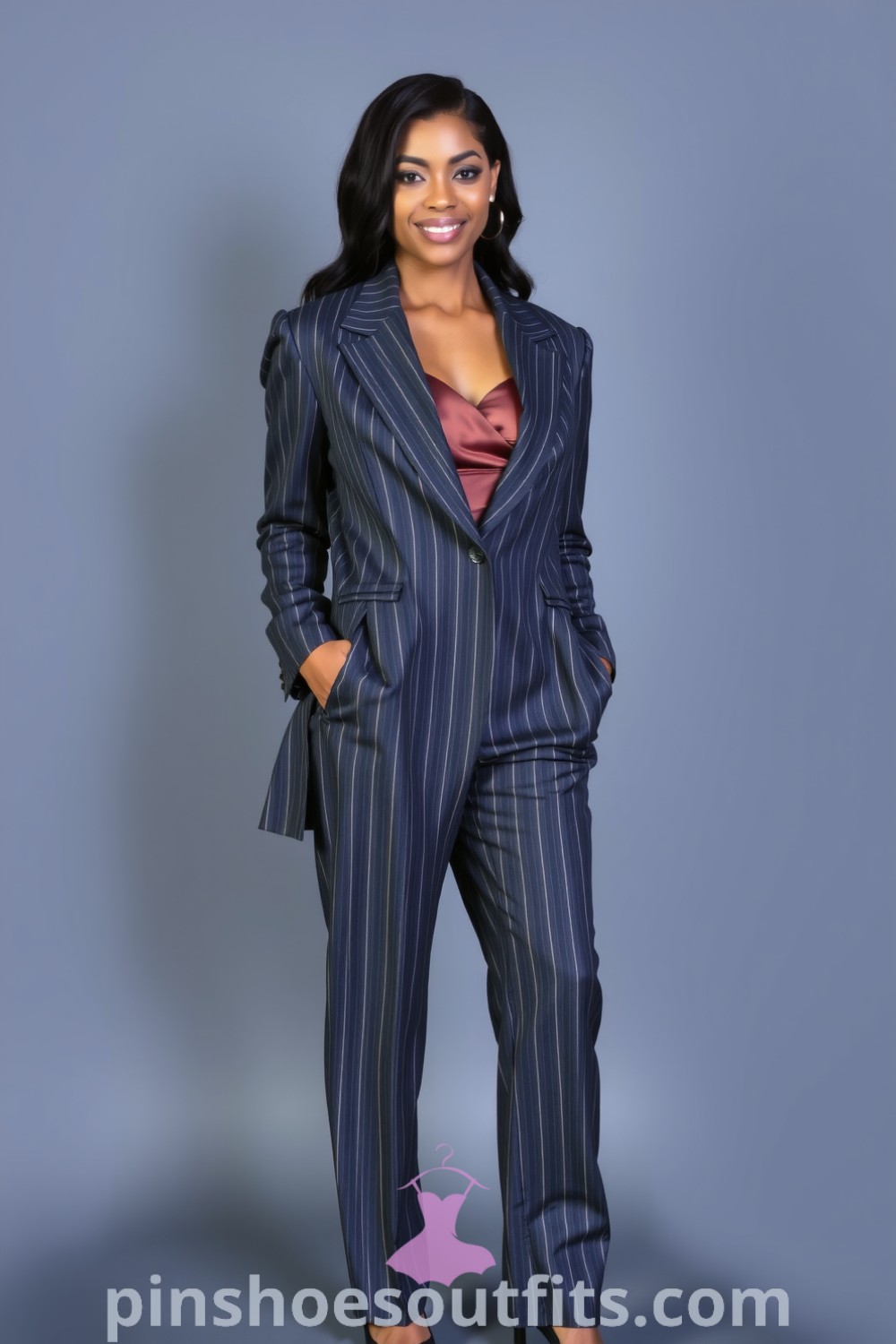 Confident Black woman in a tailored blazer with pinstripes, silk camisole, high-waisted trousers, and classic pumps, representing contemporary workwear. Stylish outfits to inspire elegance and chic looks for every woman. pinshoesoutfits.com