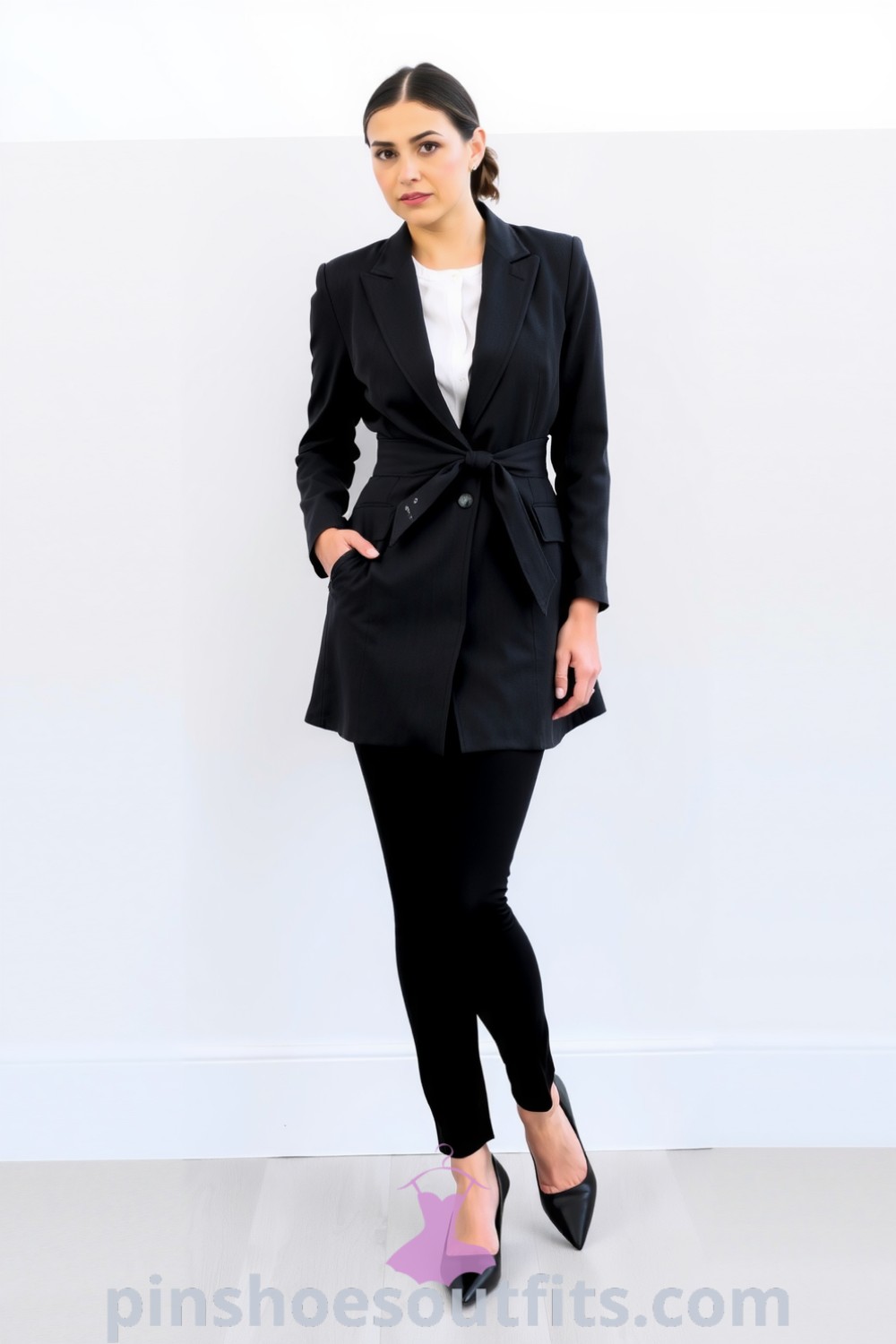 A confident woman in a tailored charcoal blazer, white blouse, and high-waisted black trousers. She completes her look with leather pointy-toed flats, embodying chic professionalism. pinshoesoutfits.com