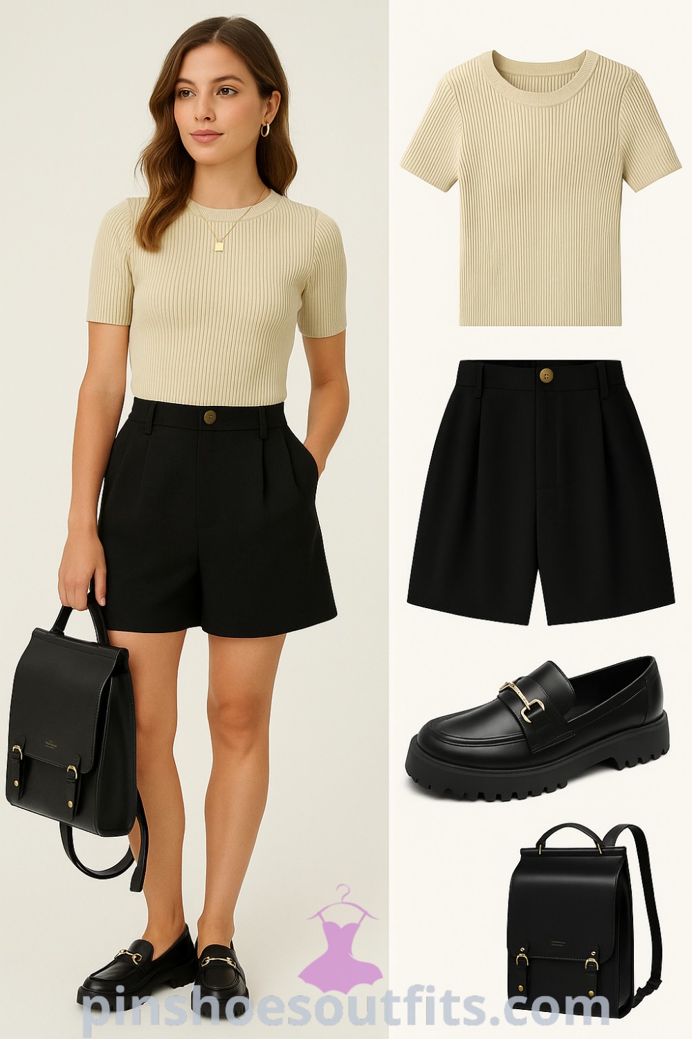 fitted beige ribbed t-shirt and tailored black shorts with chunky black loafers and a structured black backpack creating a trendy casual look for every day on pinshoesoutfits.com.