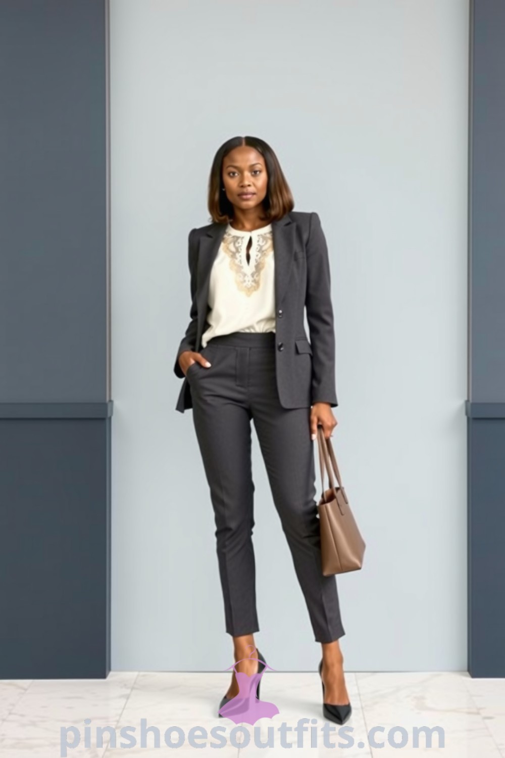 A Black woman in a tailored charcoal grey blazer and high-waisted trousers, paired with an ivory blouse and pointed-toe heels, exuding elegance. Perfect for corporate settings. pinshoesoutfits.com