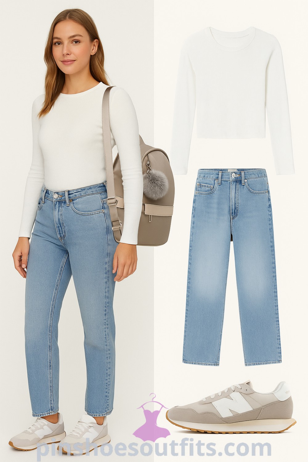 a casual outfit featuring a white ribbed long-sleeve shirt, light blue straight-leg jeans, gray and white sneakers, and a beige casual backpack, perfect for everyday wear, suitable for daily errands or brunch on pinshoesoutfits.com.