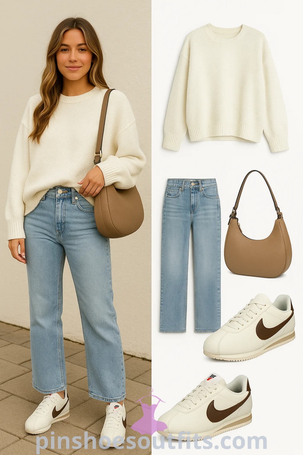 cozy cream sweater, light blue cropped wide-leg jeans, white retro sneakers, brown shoulder bag outfit from pinshoesoutfits.com showcasing trendy casual style and effortless comfort suitable for brunch and daily errands