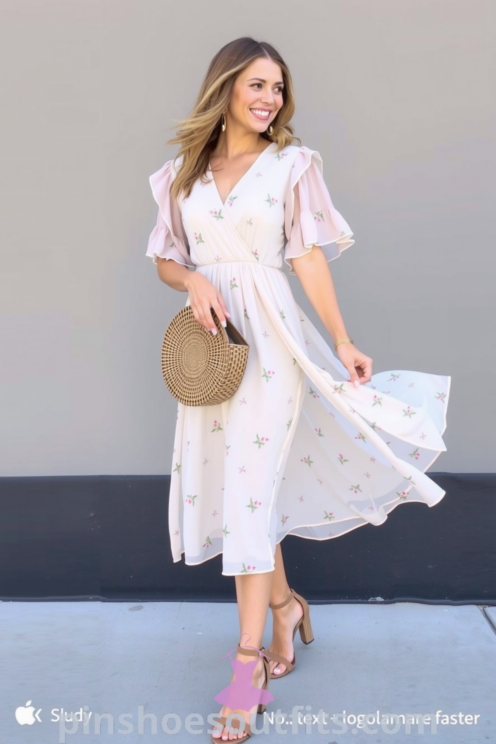 Woman wearing an elegant floral chiffon midi dress with a cinched waist and ruffled sleeves, paired with sandals and a woven clutch. A perfect summer outfit for casual outings. pinshoesoutfits.com