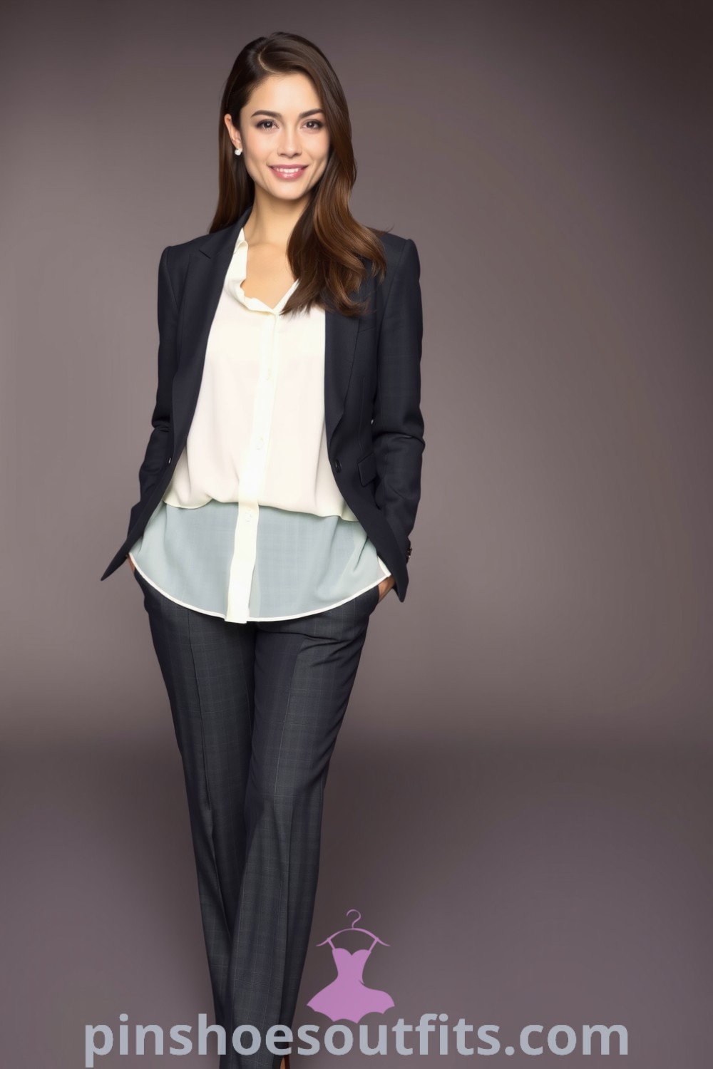 A professional woman in a sharply tailored charcoal suit, fitted blazer, straight-leg trousers, and an ivory chiffon blouse, completed with classic pointed-toe pumps. An elegant workwear style perfect for any corporate setting. pinshoesoutfits.com