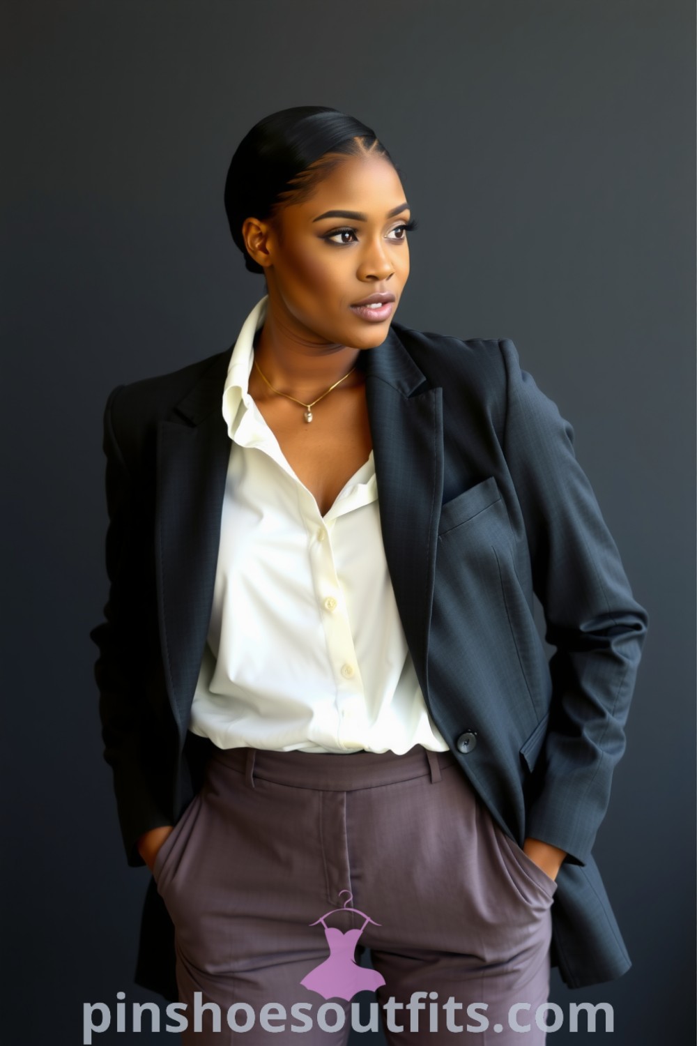 Professional elegance outfit featuring a tailored charcoal blazer, soft white blouse, high-waisted trousers, pointed-toe heels, and a delicate gold necklace. Ideal for corporate settings and everyday look inspiration. pinshoesoutfits.com