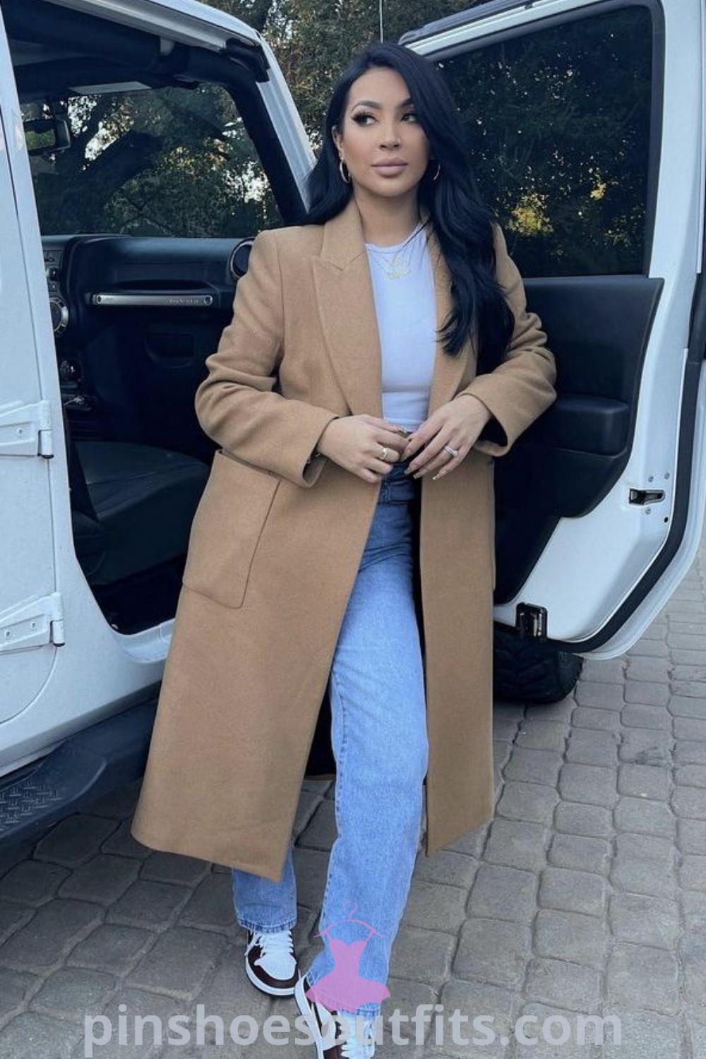 Chic winter work outfit featuring an Air Force work style, camel overcoat, and stylish dress, perfect for cold windy days. This fashionable ensemble offers both warmth and elegance, ideal for winter daytime outings or work settings. Discover more inspiring outfit ideas at pinshoesoutfits.com.