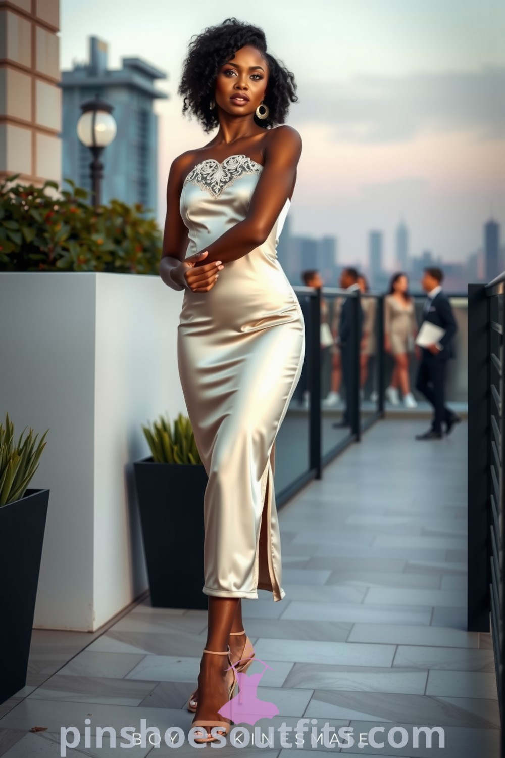 Elegant black woman in a fitted satin midi dress with lace trim, styled with strappy heeled sandals, perfect for a romantic evening. Discover stylish outfit ideas at pinshoesoutfits.com.