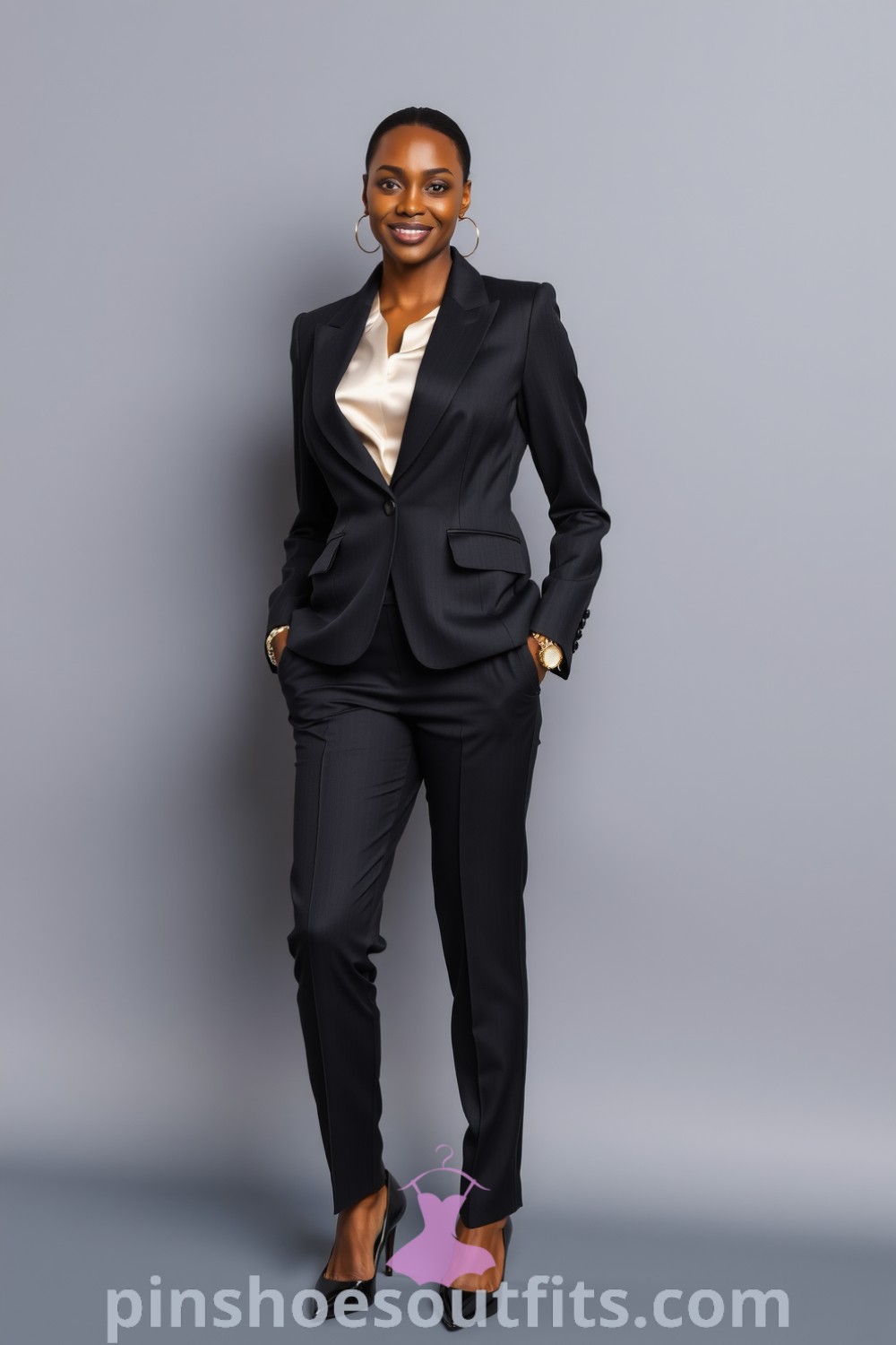Professional Black woman in a tailored charcoal suit with a fitted blazer and straight-leg trousers, wearing a silk ivory blouse and pointed-toe heels. Classy outfit ideas to inspire your look this season. pinshoesoutfits.com