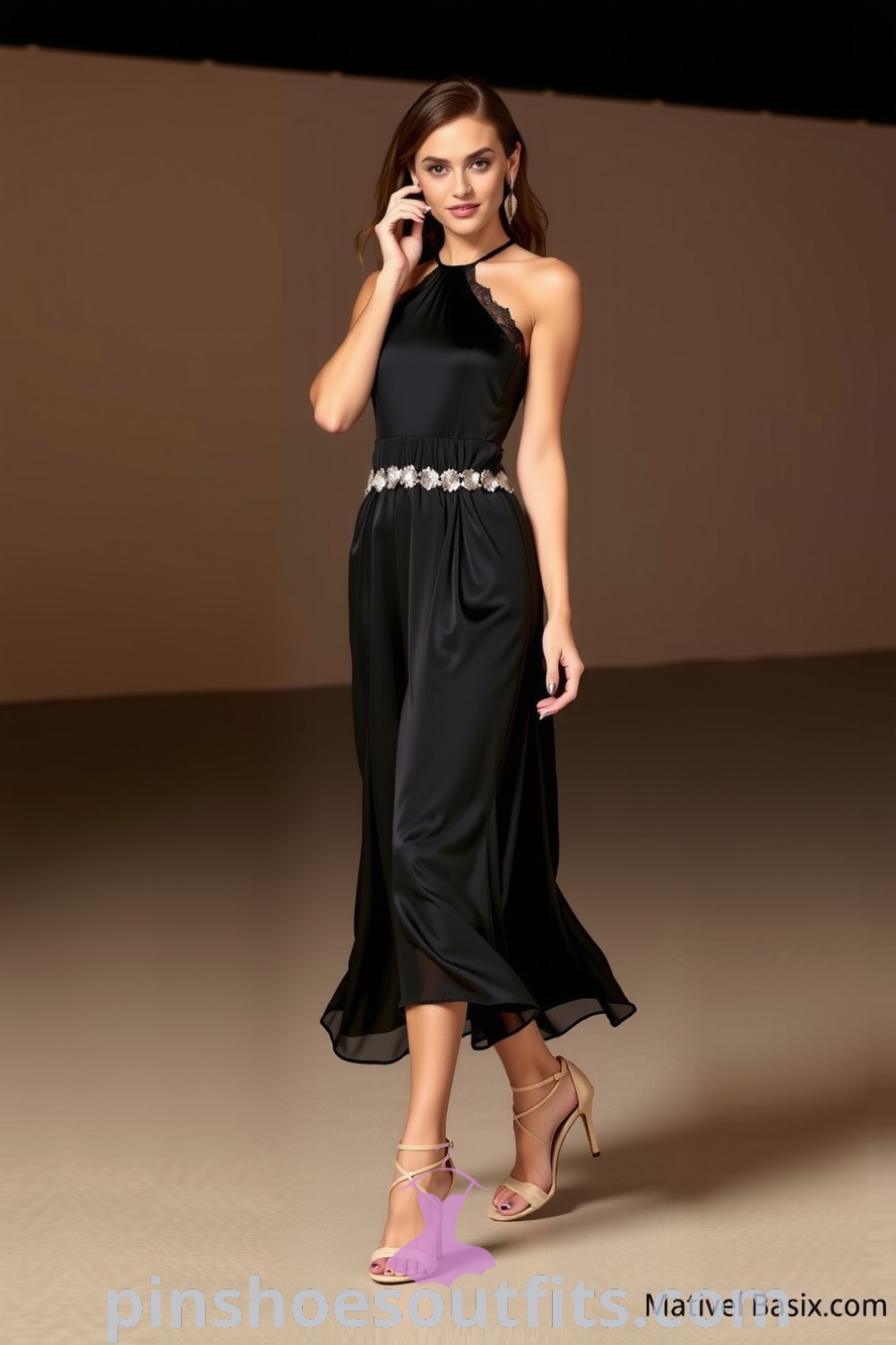 Elegant red satin dress with lace accents and strappy nude heels, perfect for sophisticated occasions. Discover fashionable outfits at pinshoesoutfits.com.
