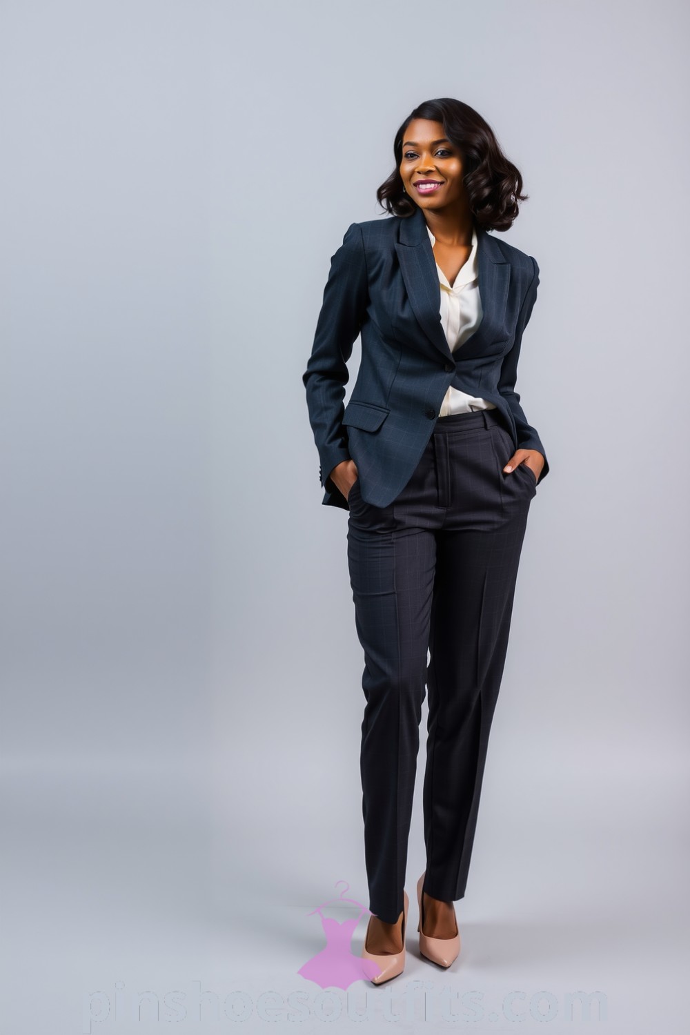 A Black woman exuding professionalism in a charcoal gray blazer, high-waisted trousers, and a cream blouse, finished with pointed-toe pumps. A stylish workwear look highlighting elegance and modern trends. pinshoesoutfits.com