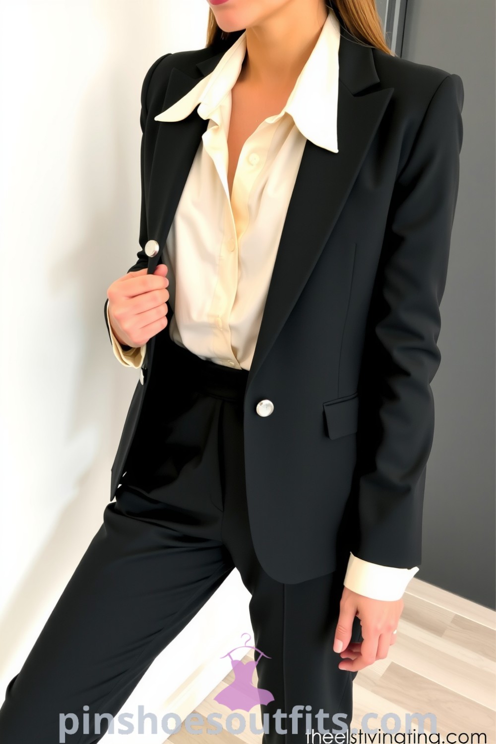 Professional woman in a tailored charcoal suit with a fitted blazer and sleek trousers, paired with a cream blouse and silver cufflinks. An ideal outfit to inspire elegance and comfort at work. pinshoesoutfits.com