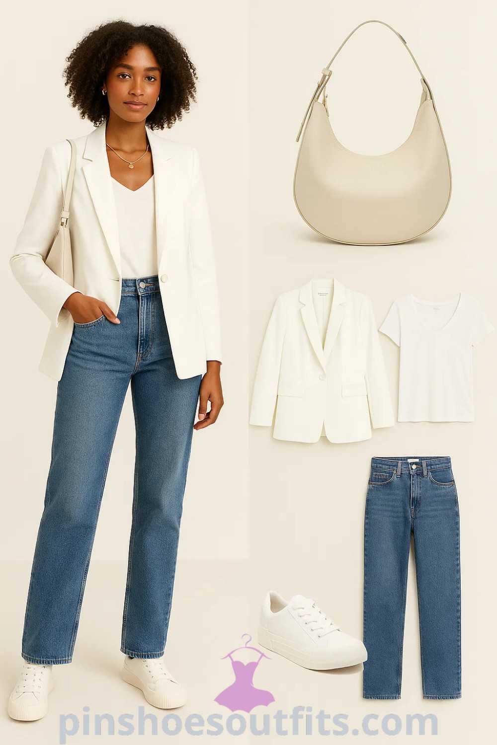 fitted white blazer with straight-leg blue jeans, white sneakers, and beige hobo handbag create a smart casual look perfect for various occasions like brunch or office wear; stylish modern outfit ideas at pinshoesoutfits.com