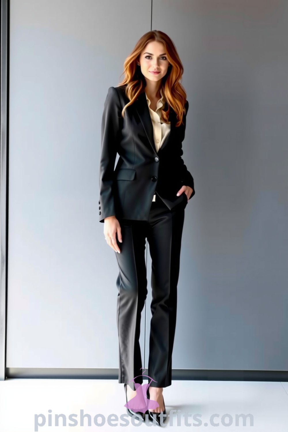 Sophisticated woman dressed in a tailored charcoal suit with a fitted blazer, sleek trousers, and an ivory silk blouse, complemented by classic black pumps. A perfect example of professional elegance and stylish outfit ideas for women at pinshoesoutfits.com.
