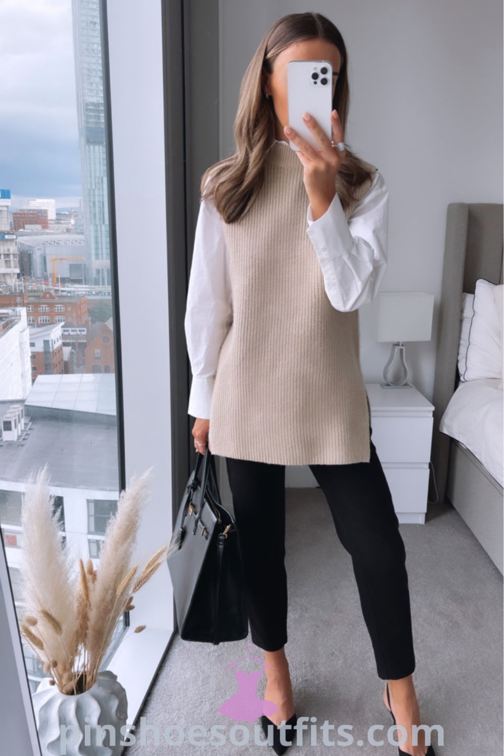 Chic office outfits for women showcasing business informal styles, fall outfits, and postpartum business casual looks. Includes business casual bags and winter office attire ideas for conferences. Discover more at pinshoesoutfits.com